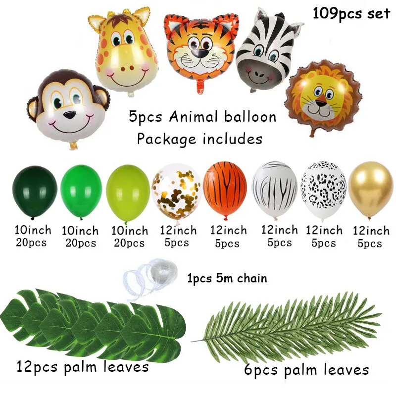 109pcs Palm Leaf Animal Balloons Garland Arch Kit Jungle Safari Party Supplies Favors Kids Birthday Party