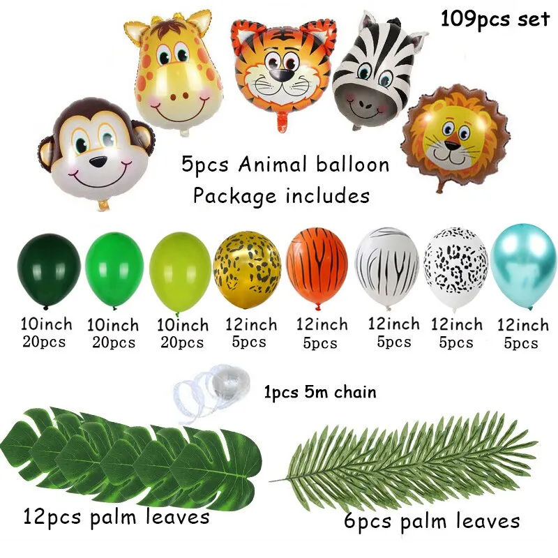 109pcs Palm Leaf Animal Balloons Garland Arch Kit Jungle Safari Party Supplies Favors Kids Birthday Party