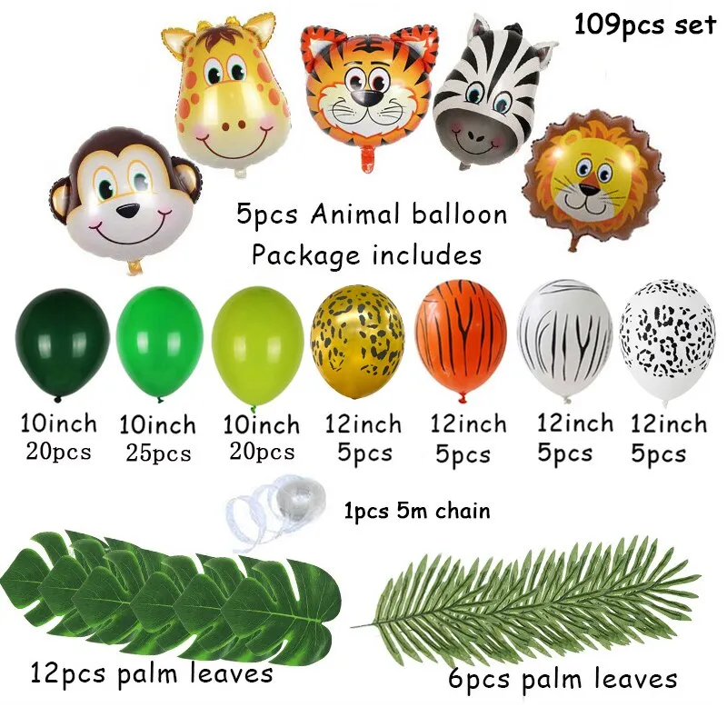109pcs Palm Leaf Animal Balloons Garland Arch Kit Jungle Safari Party Supplies Favors Kids Birthday Party
