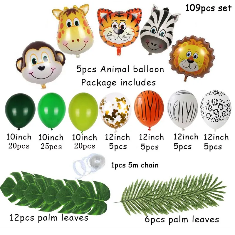 109pcs Palm Leaf Animal Balloons Garland Arch Kit Jungle Safari Party Supplies Favors Kids Birthday Party