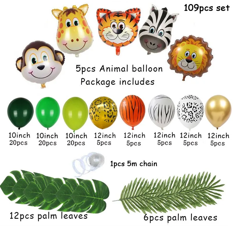 109pcs Palm Leaf Animal Balloons Garland Arch Kit Jungle Safari Party Supplies Favors Kids Birthday Party