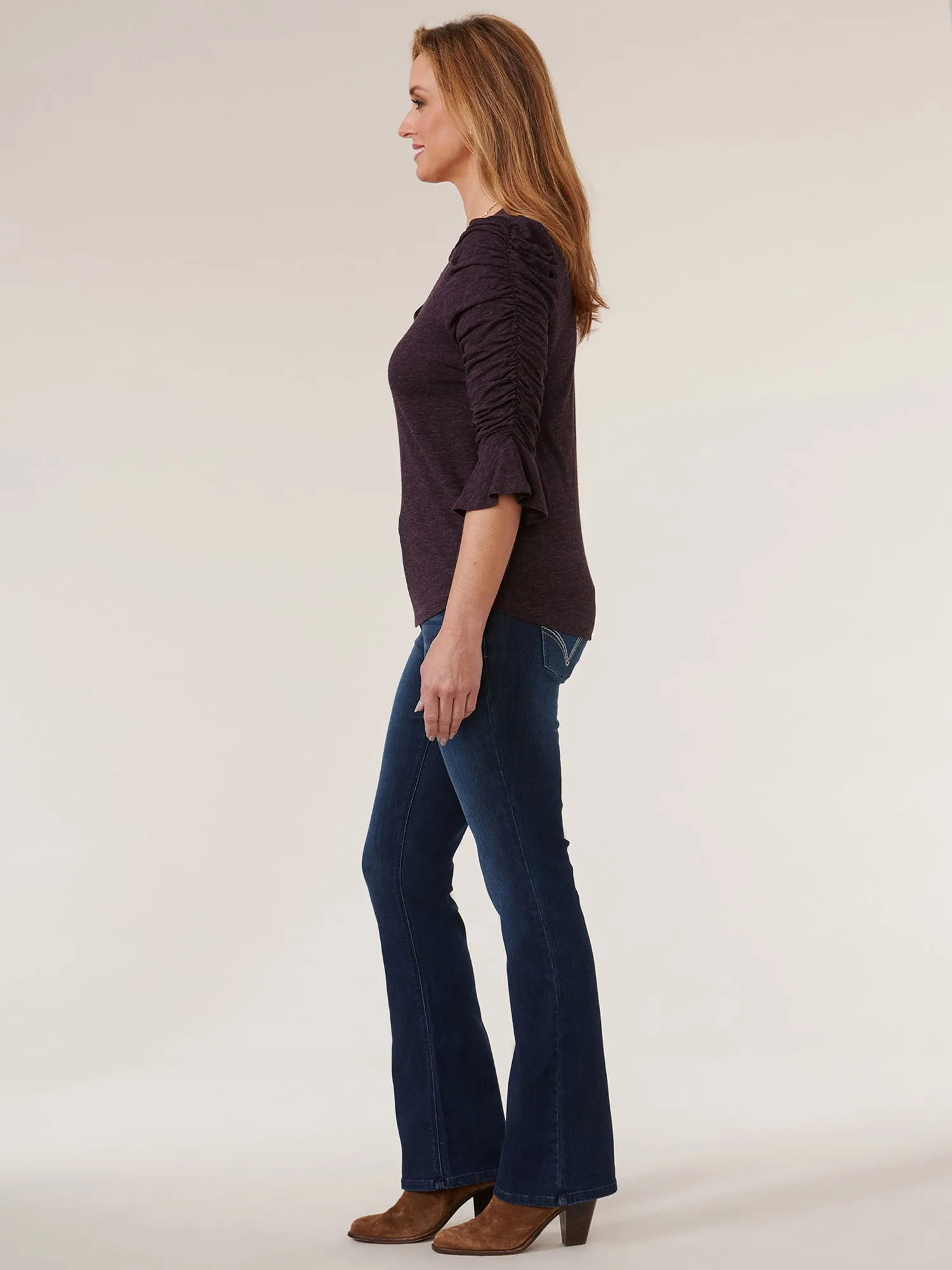 3/4 Ruched Flounce Sleeve V Neck Shirtail Hem Knit Top