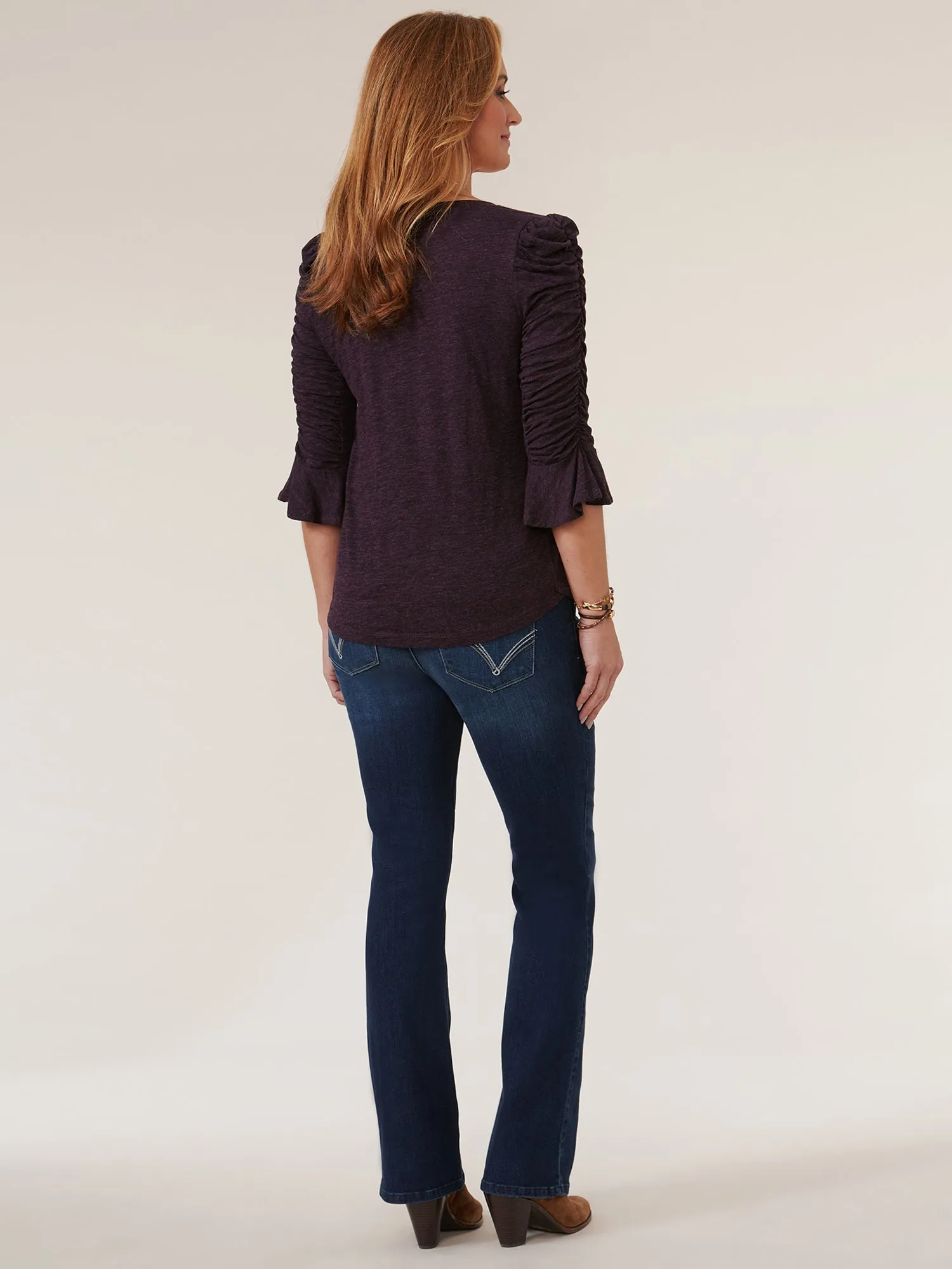 3/4 Ruched Flounce Sleeve V Neck Shirtail Hem Knit Top