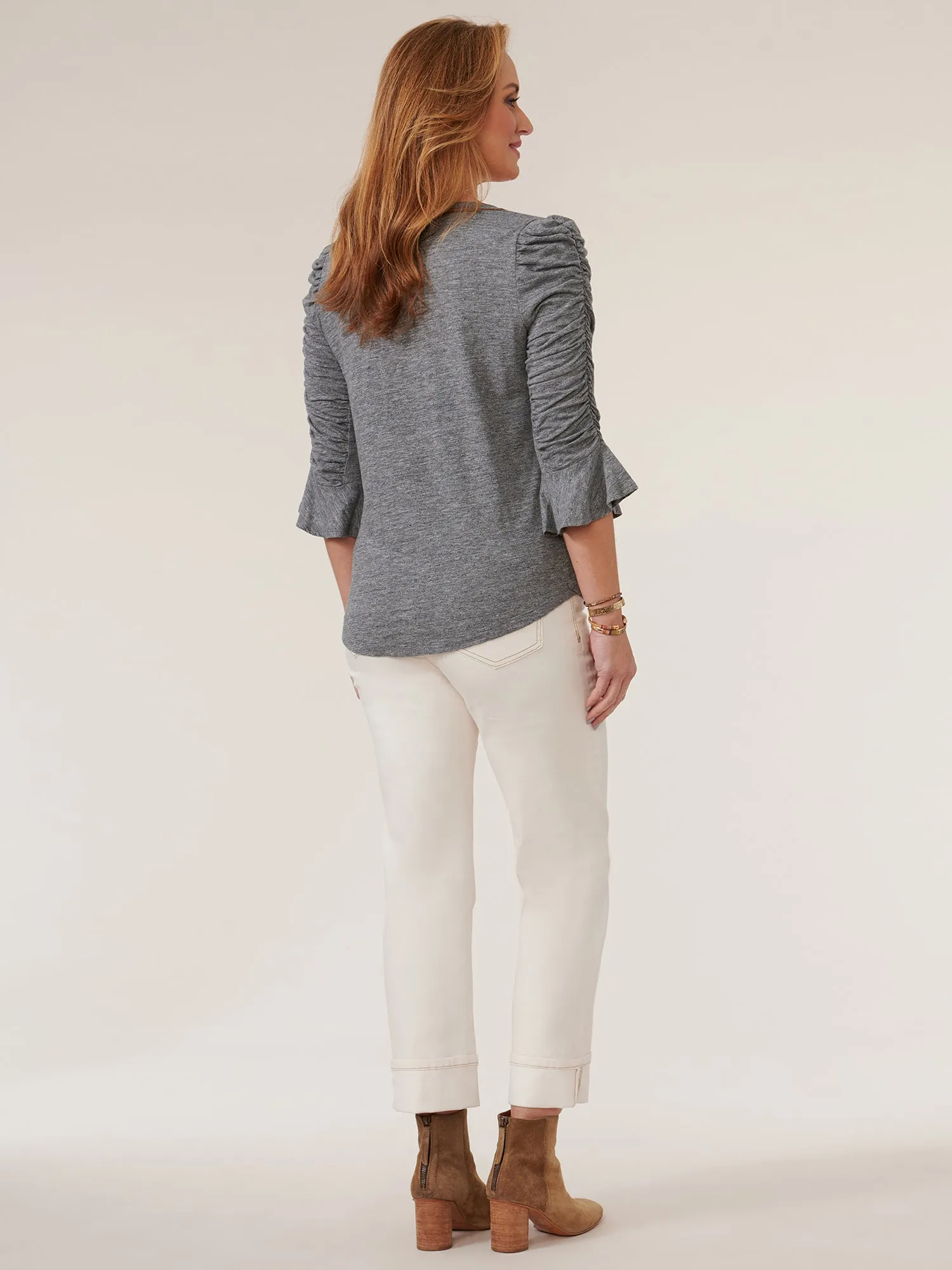 3/4 Ruched Flounce Sleeve V Neck Shirtail Hem Knit Top