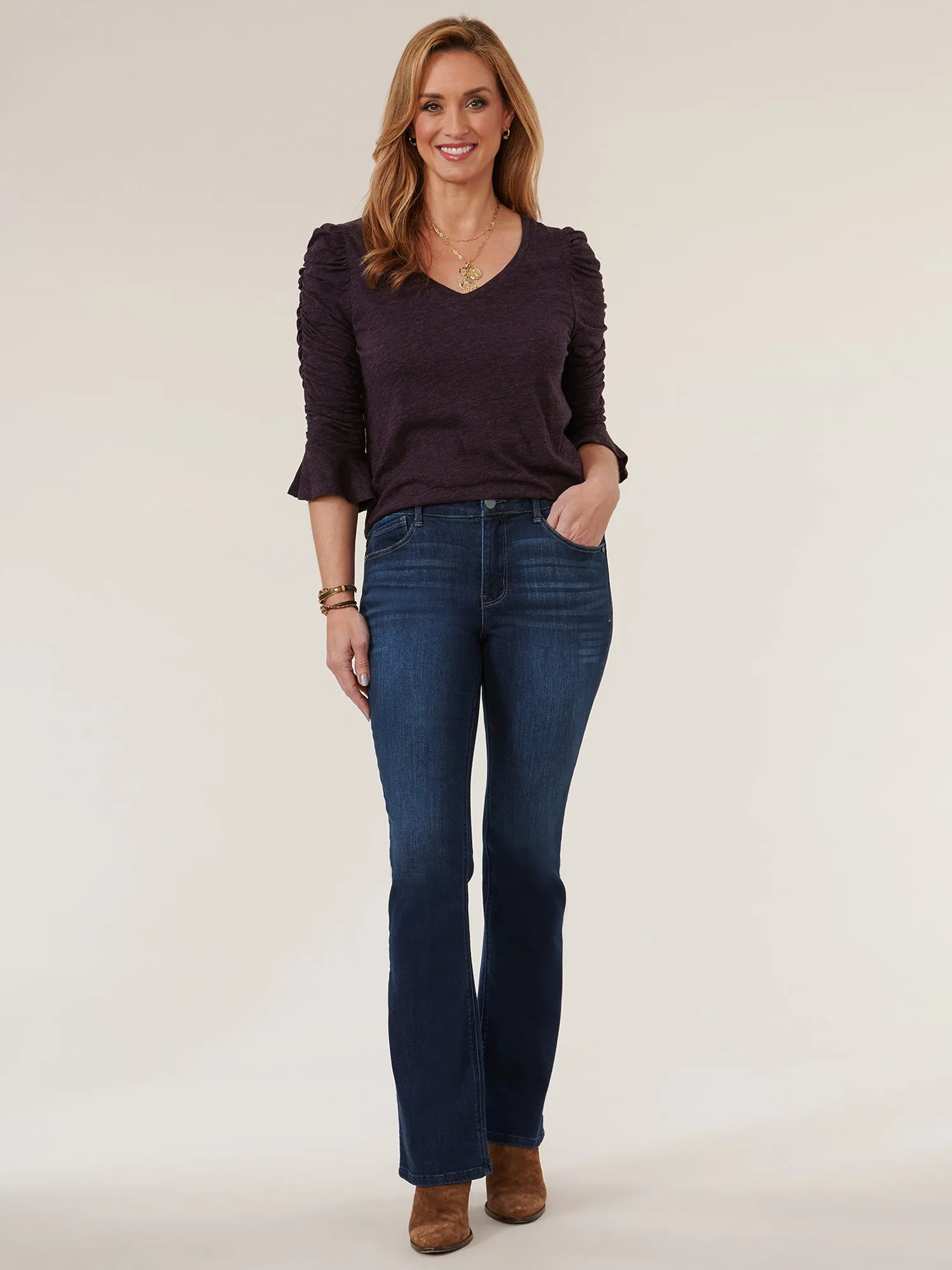 3/4 Ruched Flounce Sleeve V Neck Shirtail Hem Knit Top
