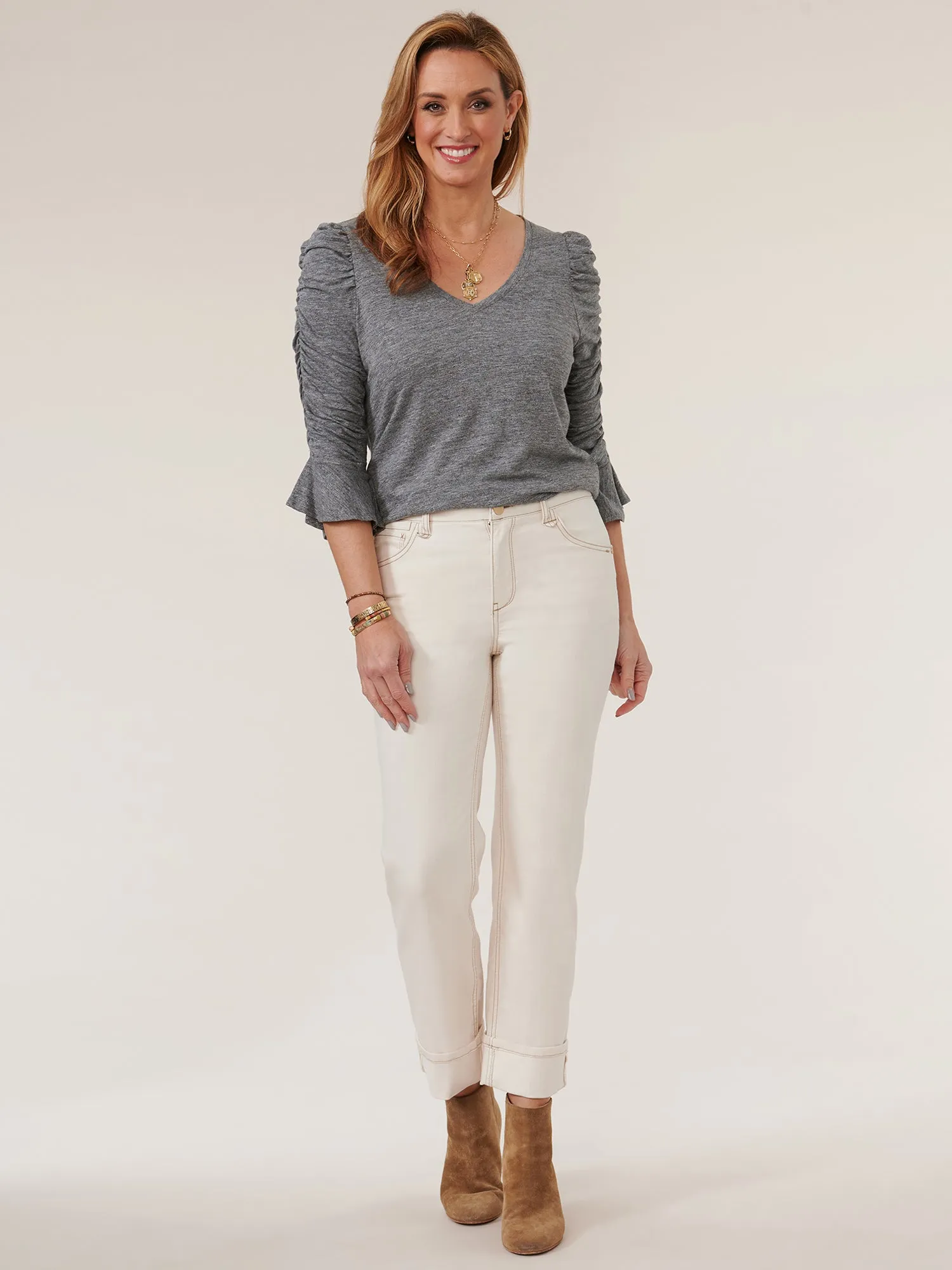 3/4 Ruched Flounce Sleeve V Neck Shirtail Hem Knit Top