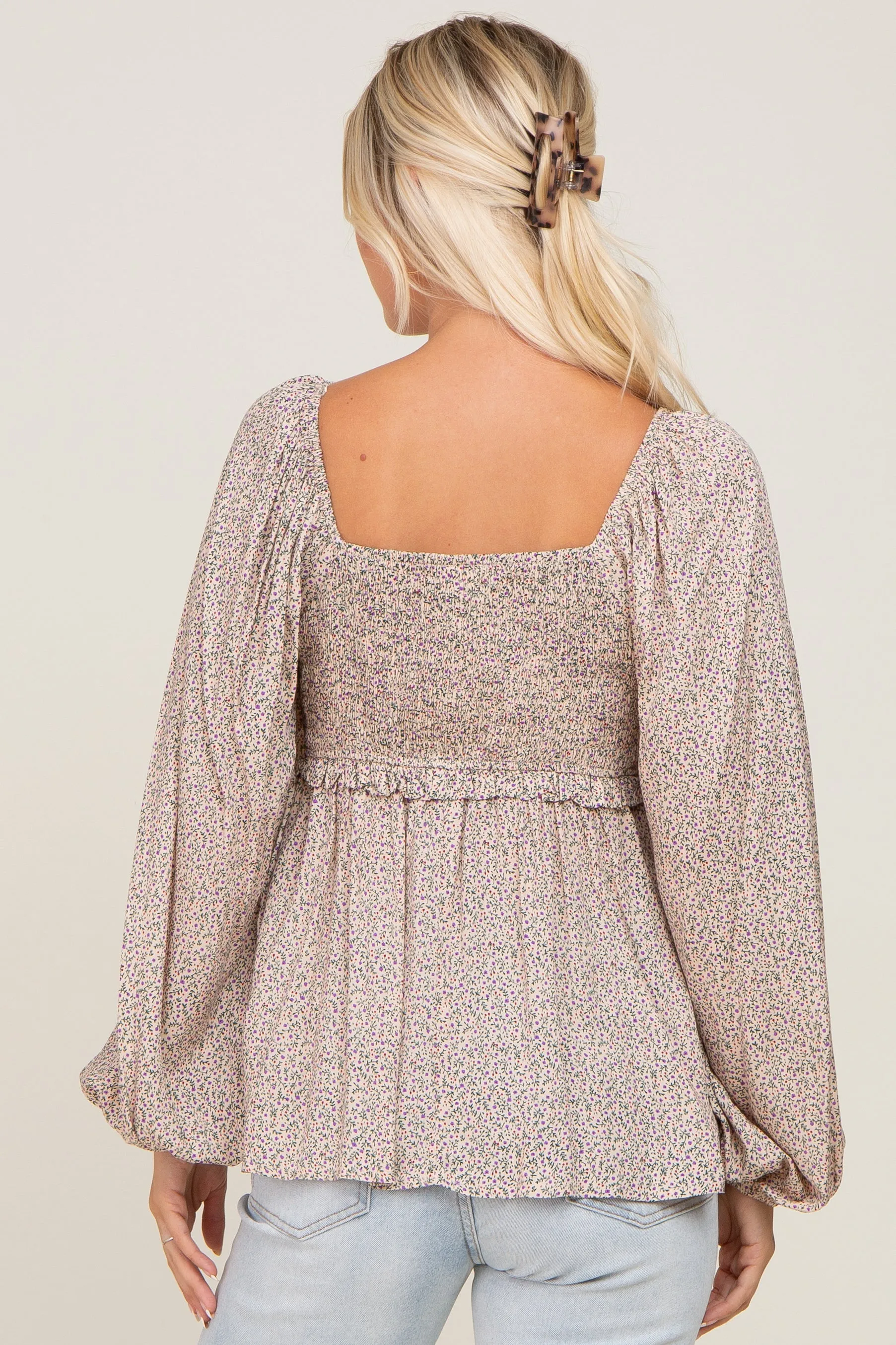 Beige Ditsy Floral Sweetheart Long Sleeve Top