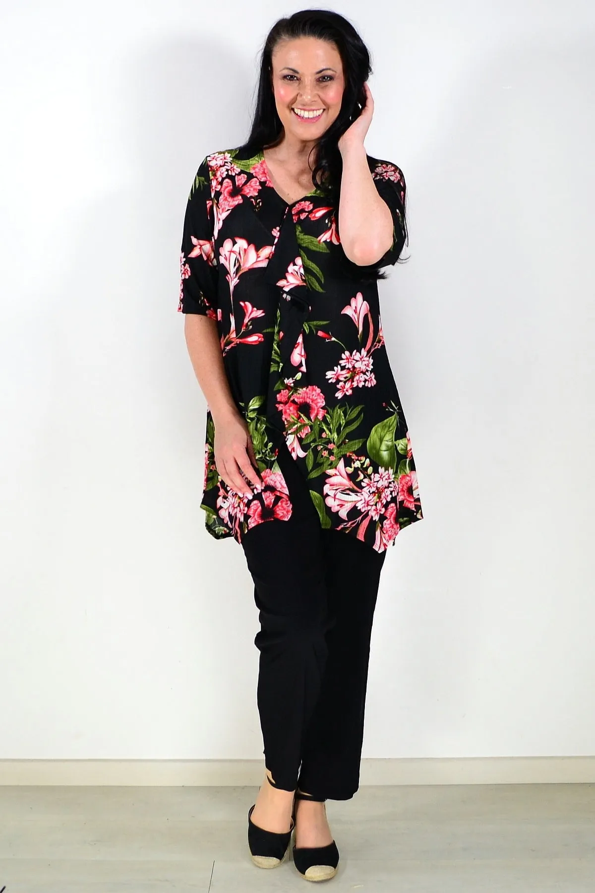 Black Tunic Top Pink Floral Print