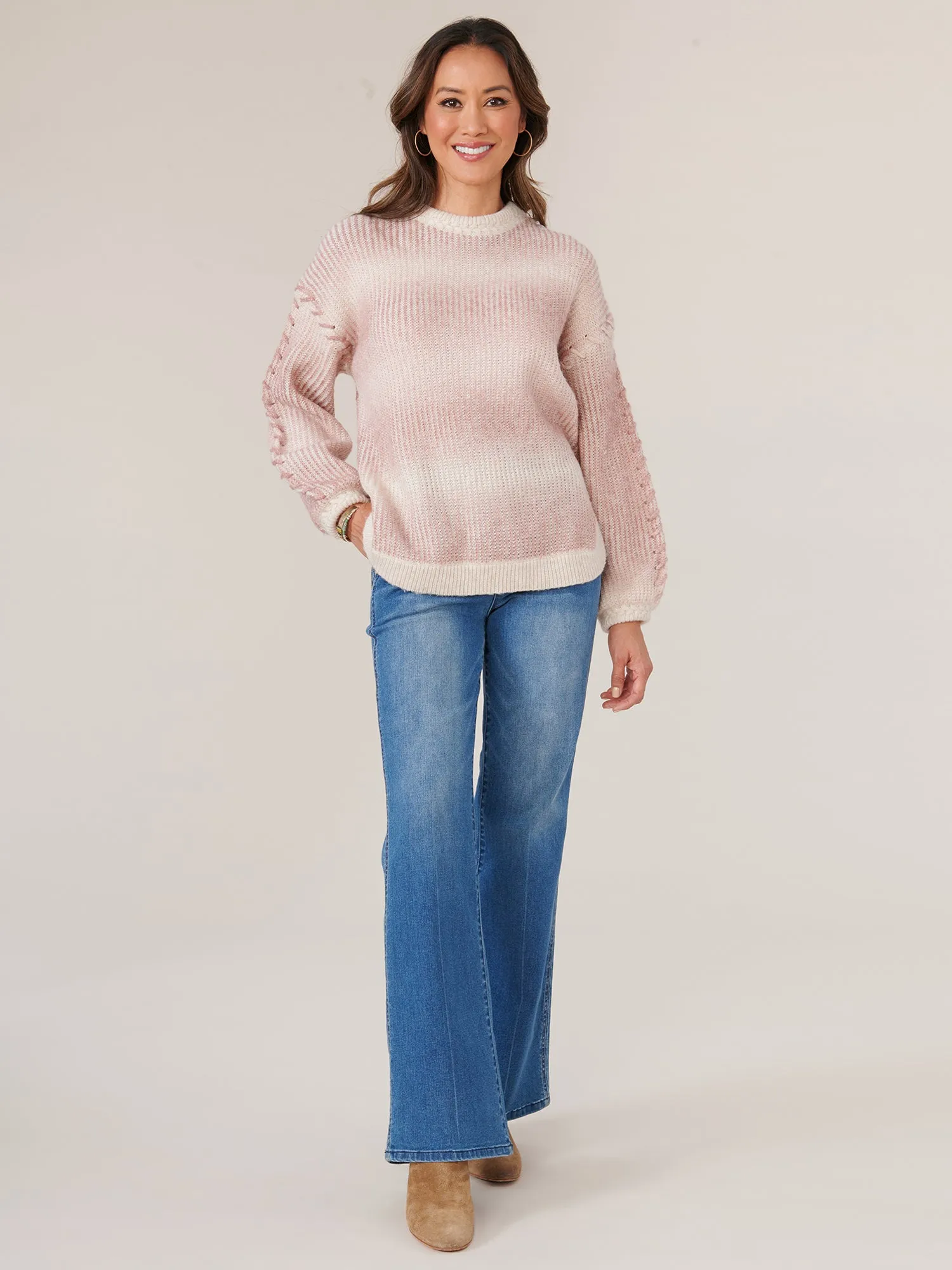 Blouson Sleeve Mock Neck Stripe Petite Sweater with Whipstitch Detail