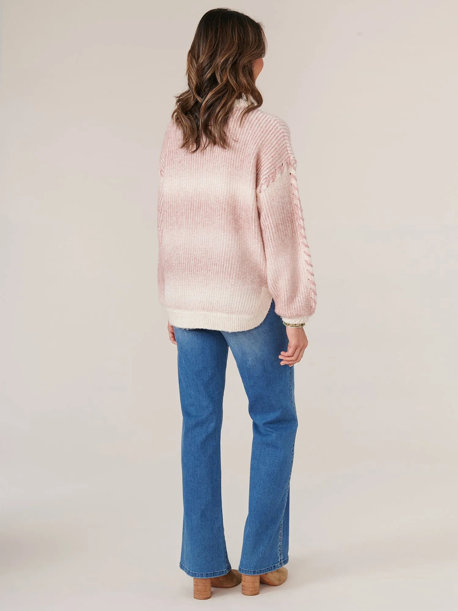 Blouson Sleeve Mock Neck Stripe Petite Sweater with Whipstitch Detail