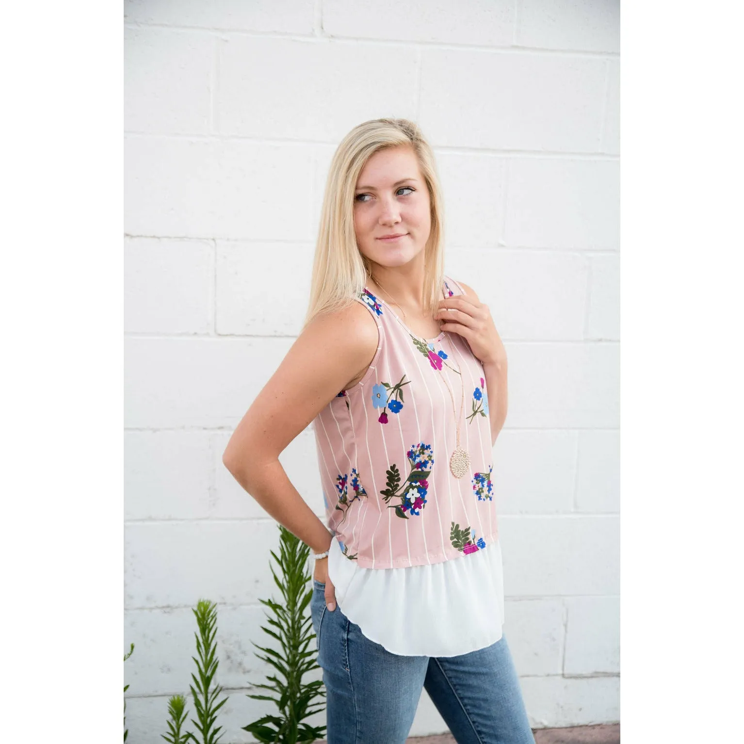 Blush Striped Ruffle Bottom Tank