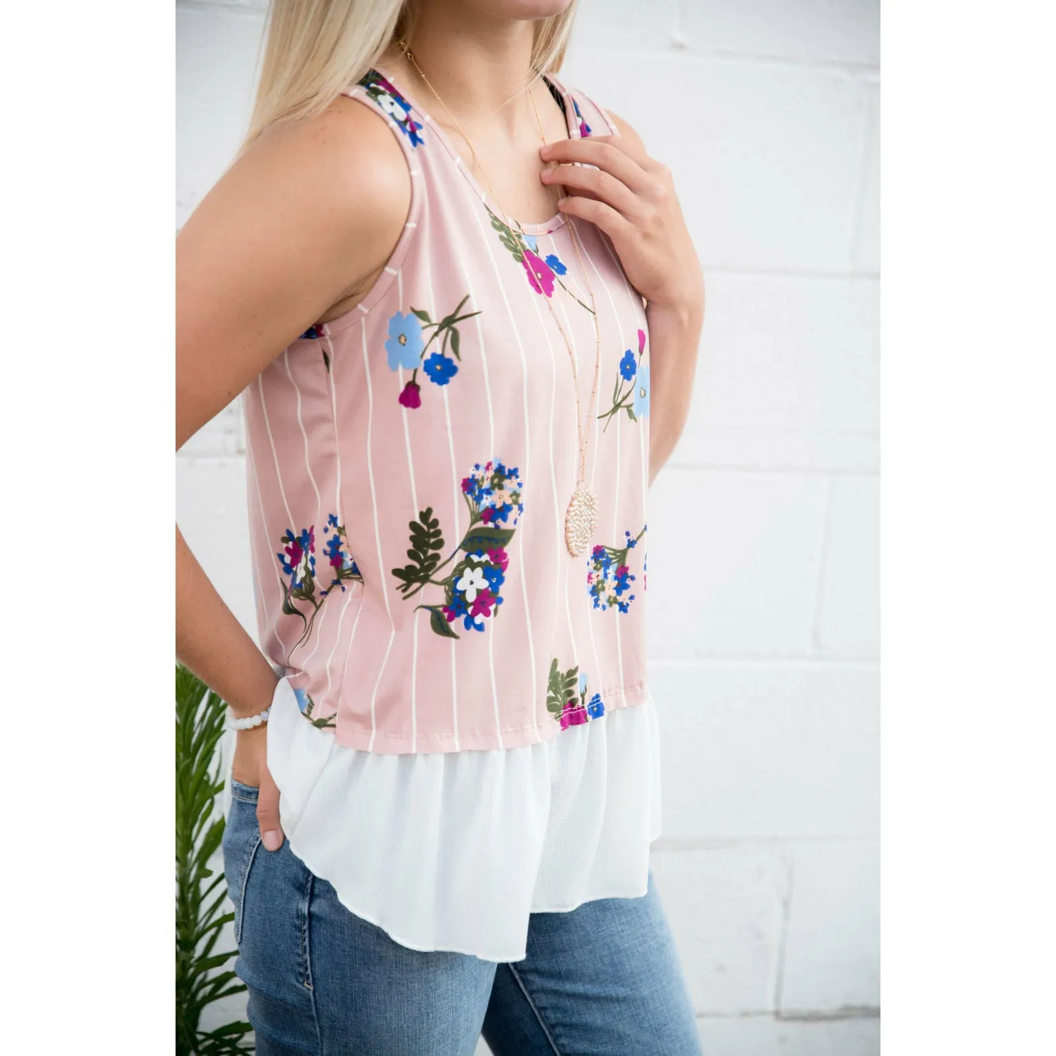 Blush Striped Ruffle Bottom Tank