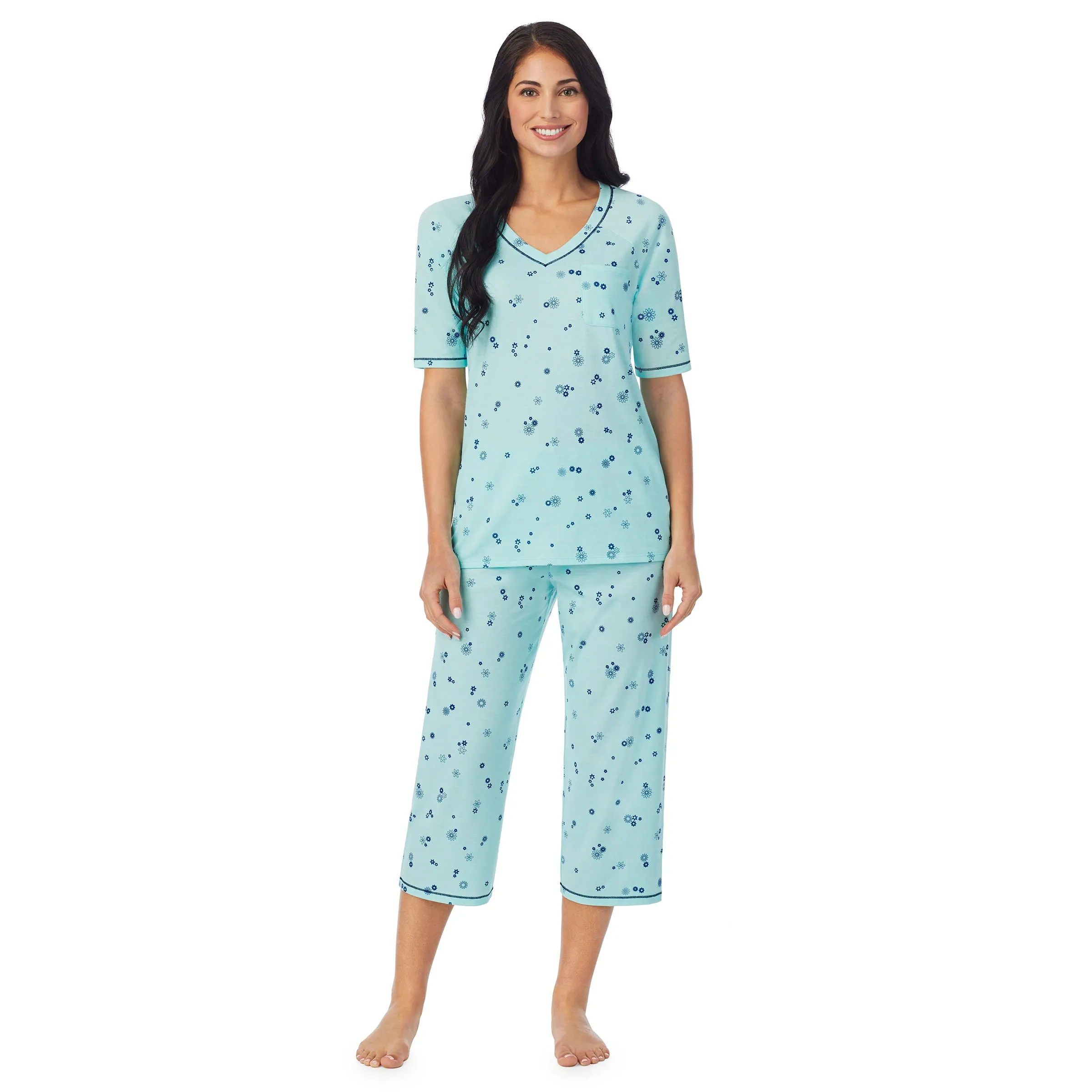 Cuddl Smart Elbow Sleeve Top with Cropped Pant Pajama Set