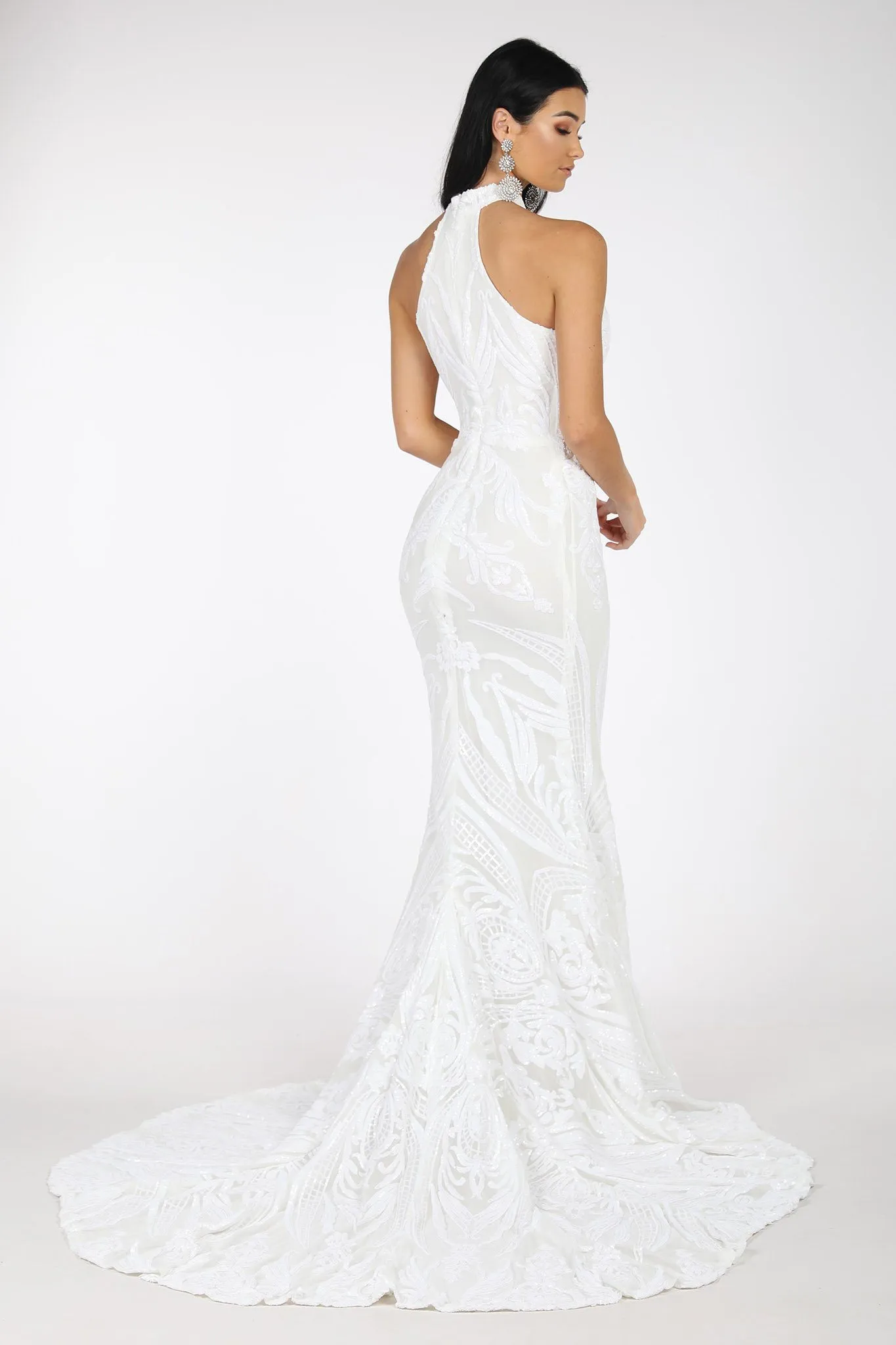 Delilah High Neck Pattern Sequin Gown - White