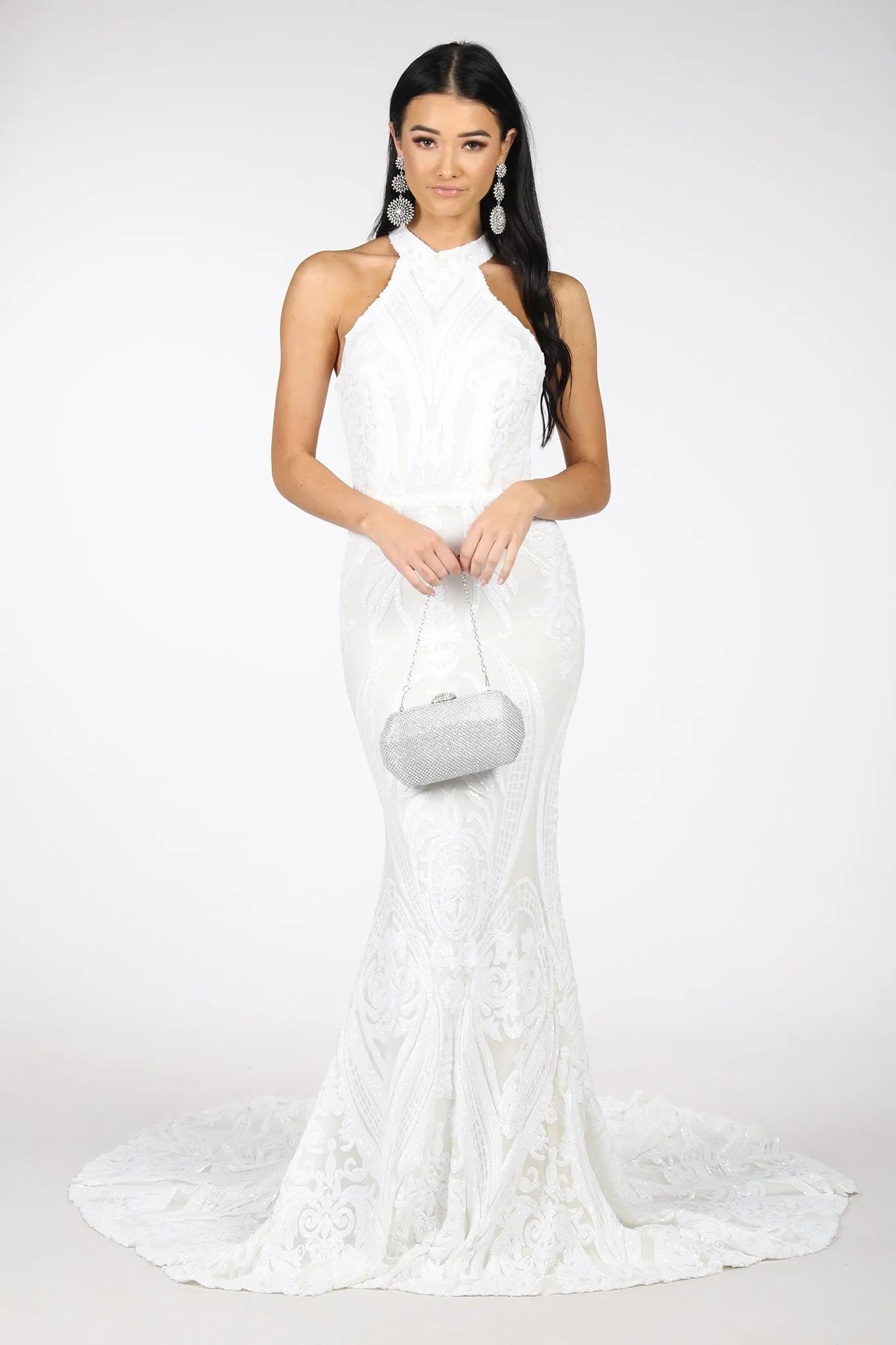 Delilah High Neck Pattern Sequin Gown - White