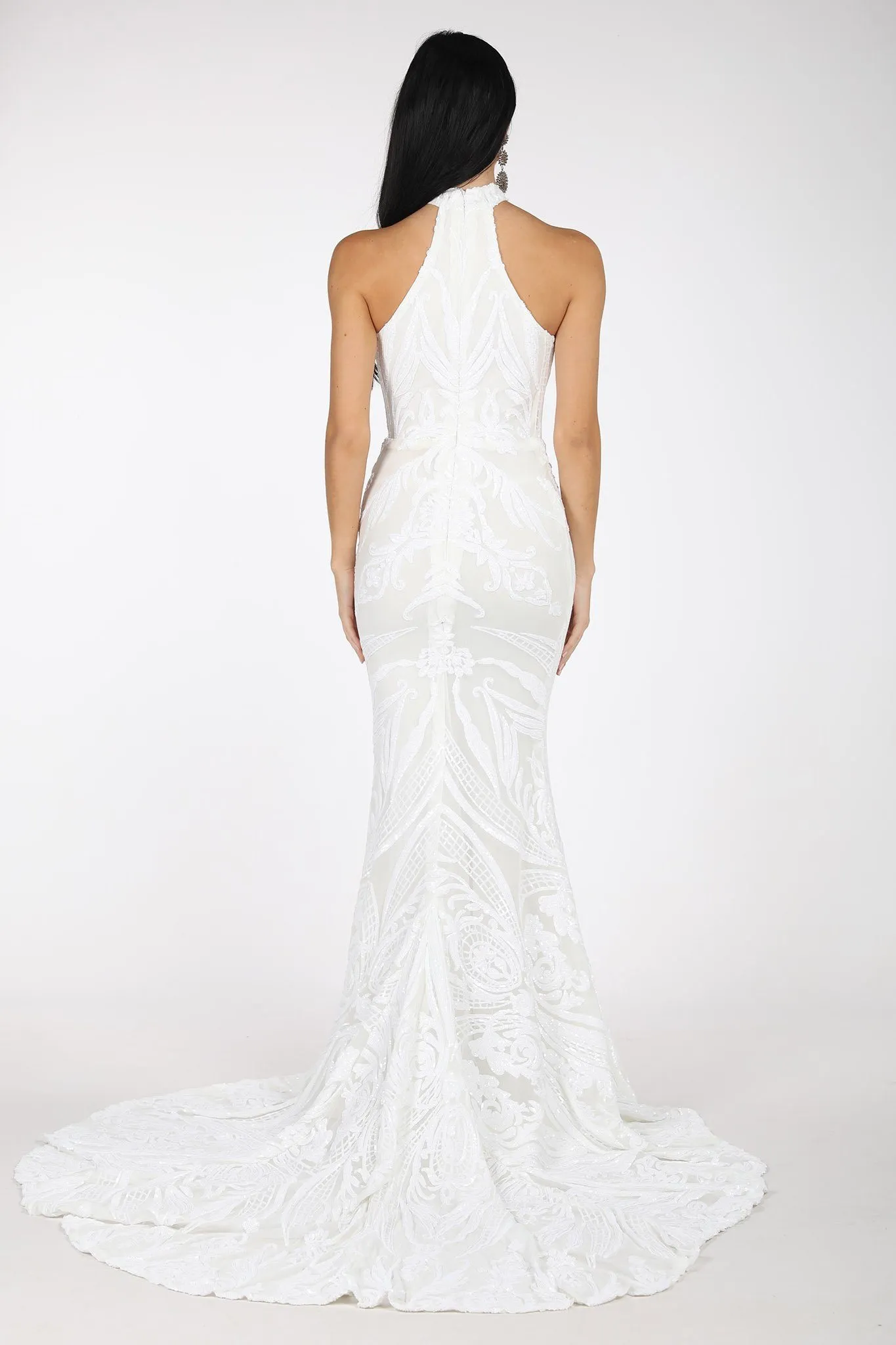 Delilah High Neck Pattern Sequin Gown - White