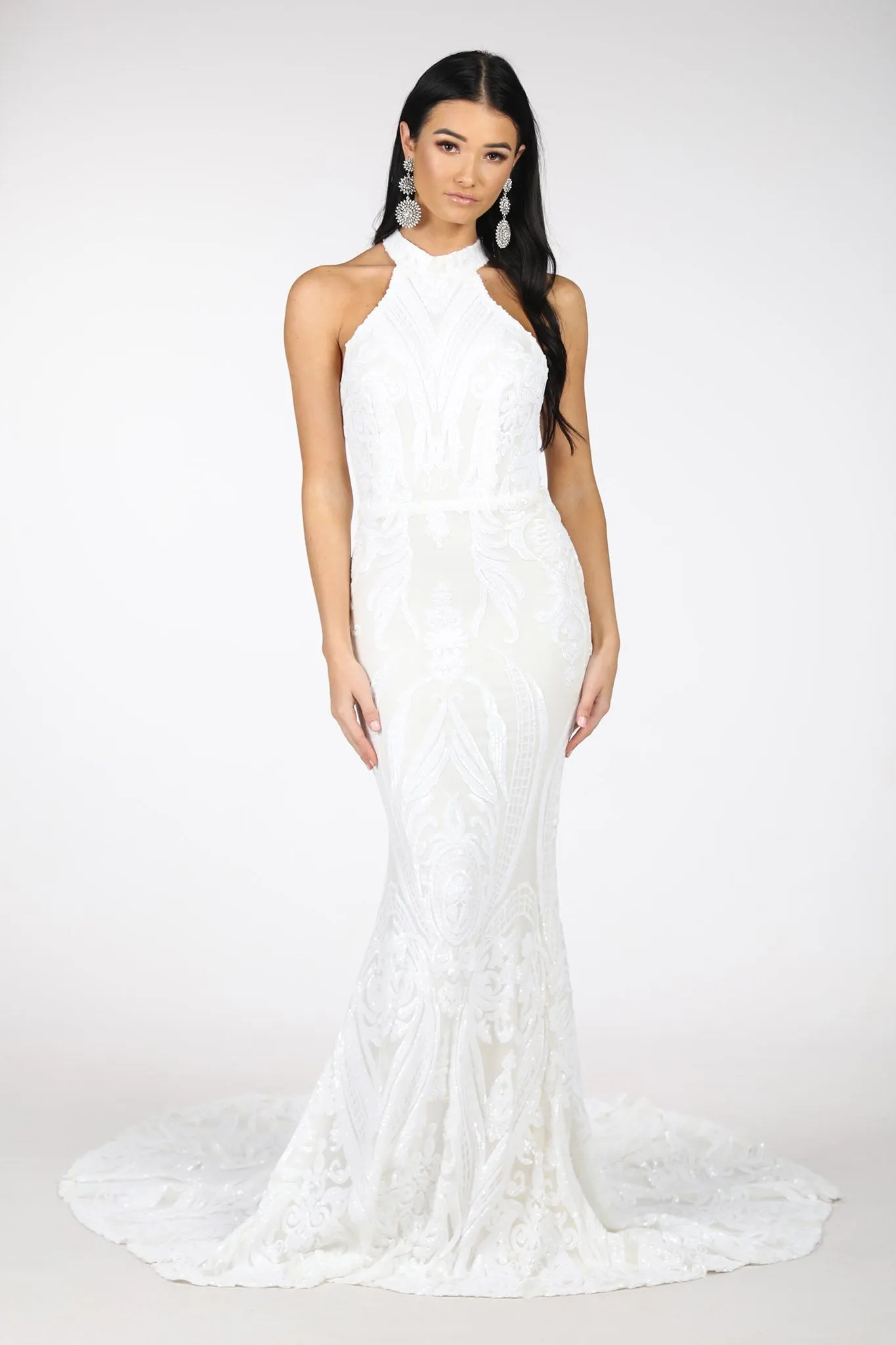 Delilah High Neck Pattern Sequin Gown - White
