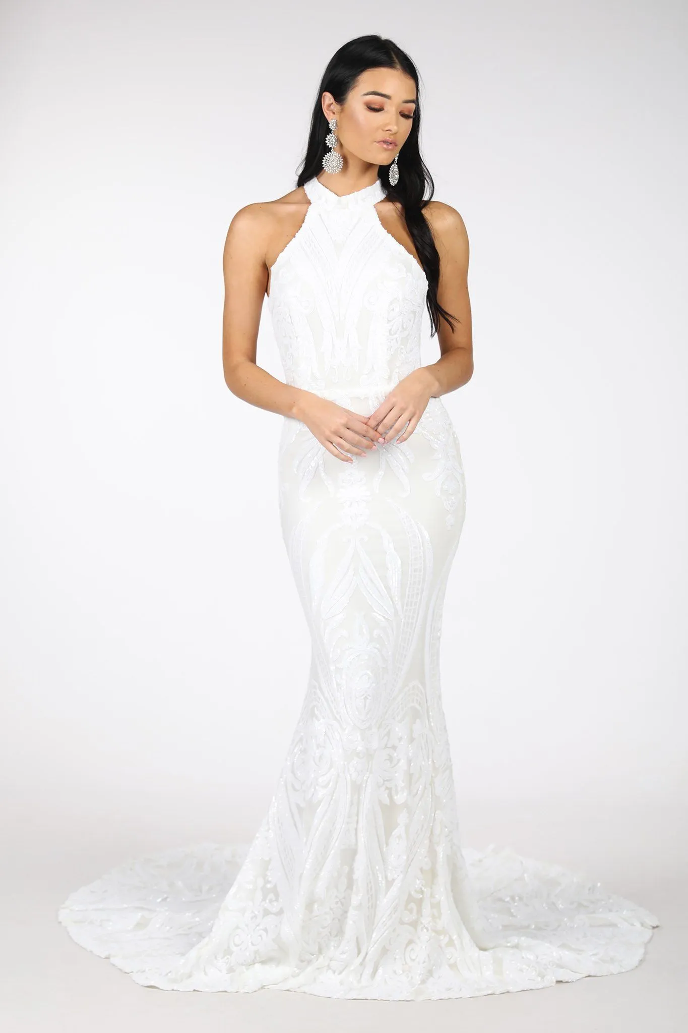Delilah High Neck Pattern Sequin Gown - White