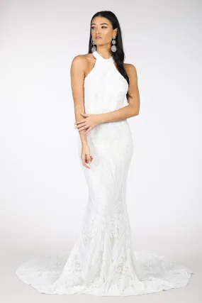Delilah High Neck Pattern Sequin Gown - White
