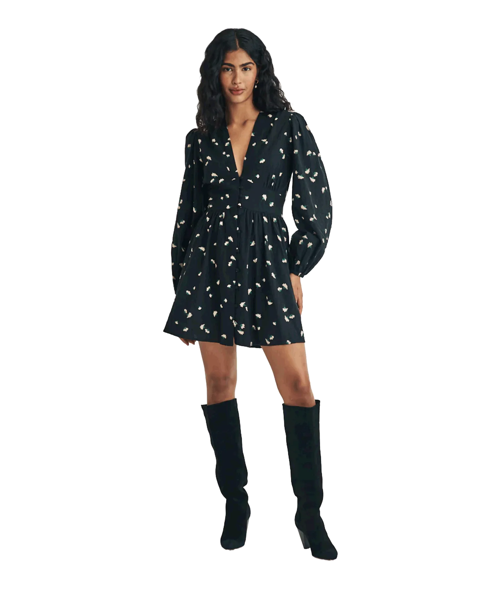Ditsy Floral Long Sleeve Starlight Mini Dress - Black