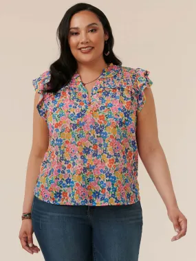 Double Flutter Sleeve Ruffled Plus Woven Floral Print Top