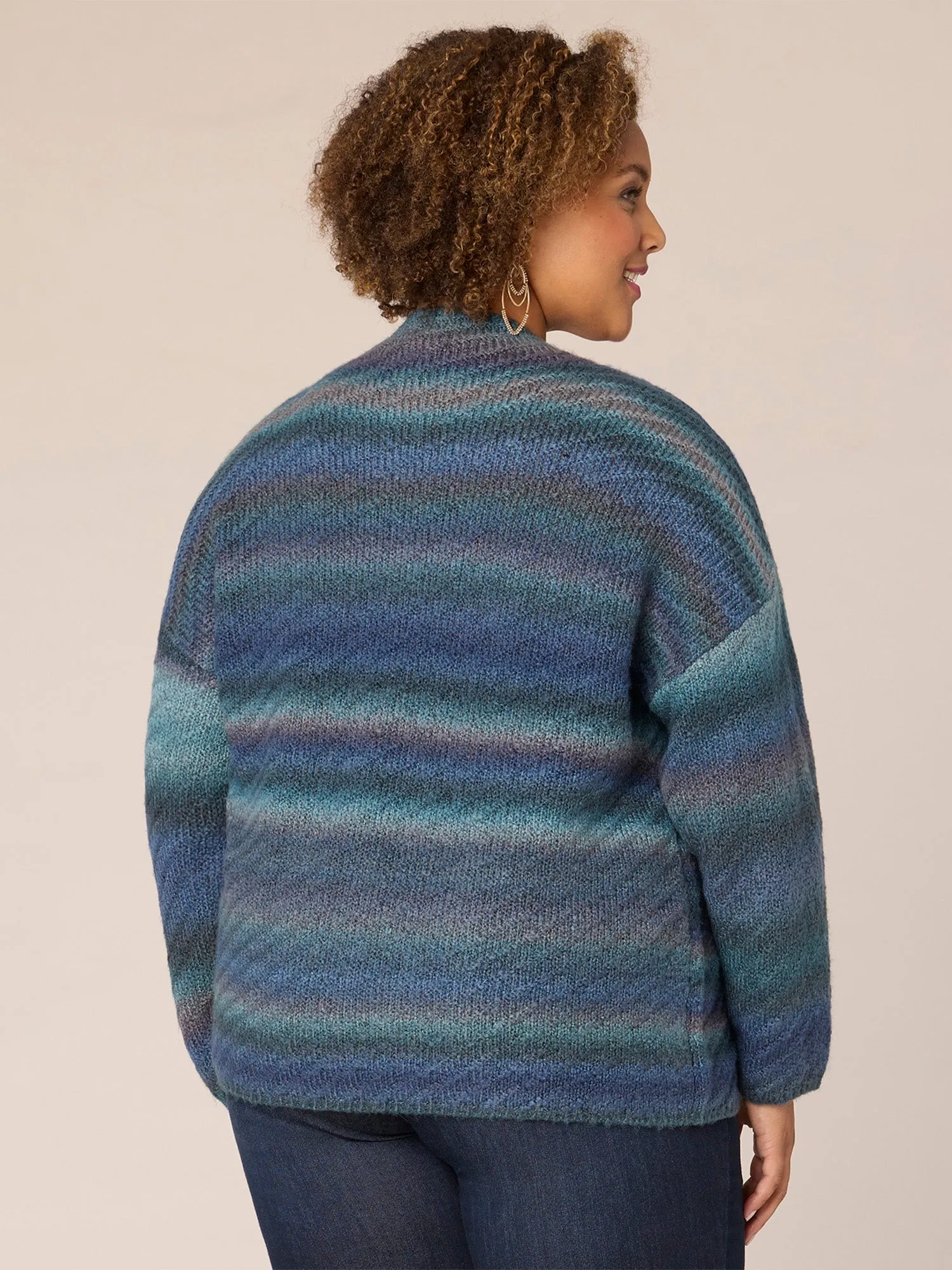 Drop Shoulder Sleeve Funnel Neck Striped Plus Size Sweater