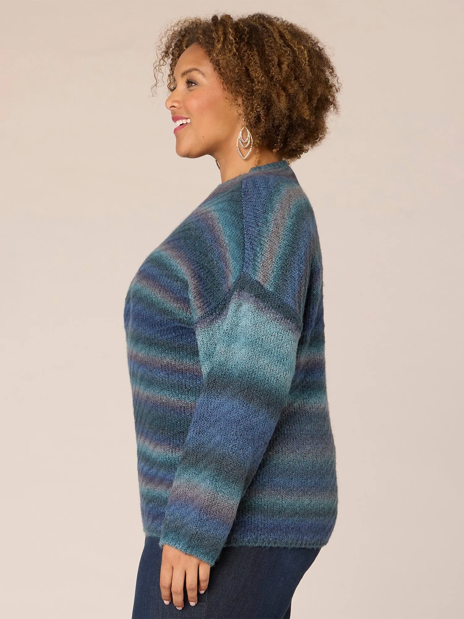 Drop Shoulder Sleeve Funnel Neck Striped Plus Size Sweater