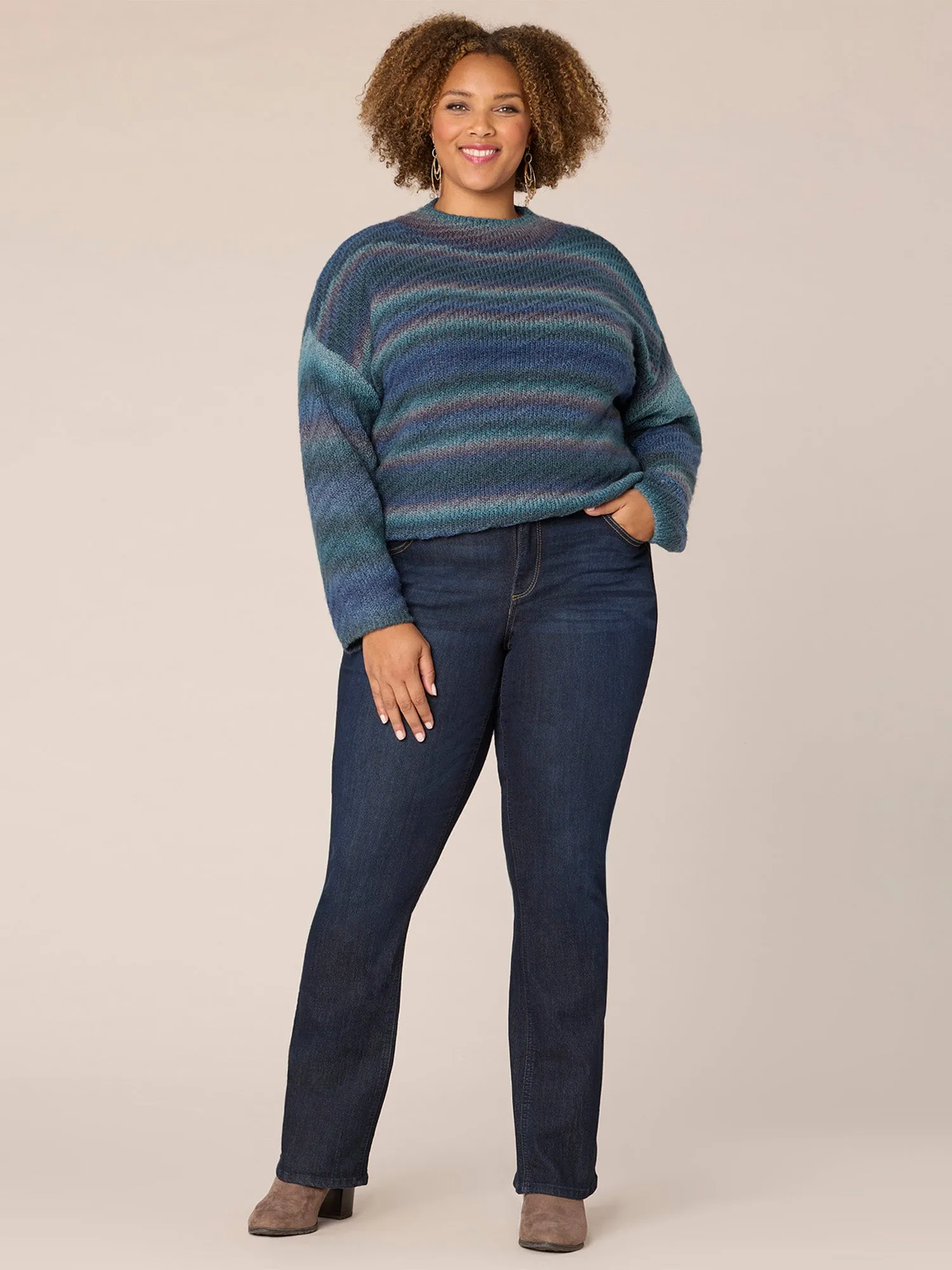 Drop Shoulder Sleeve Funnel Neck Striped Plus Size Sweater