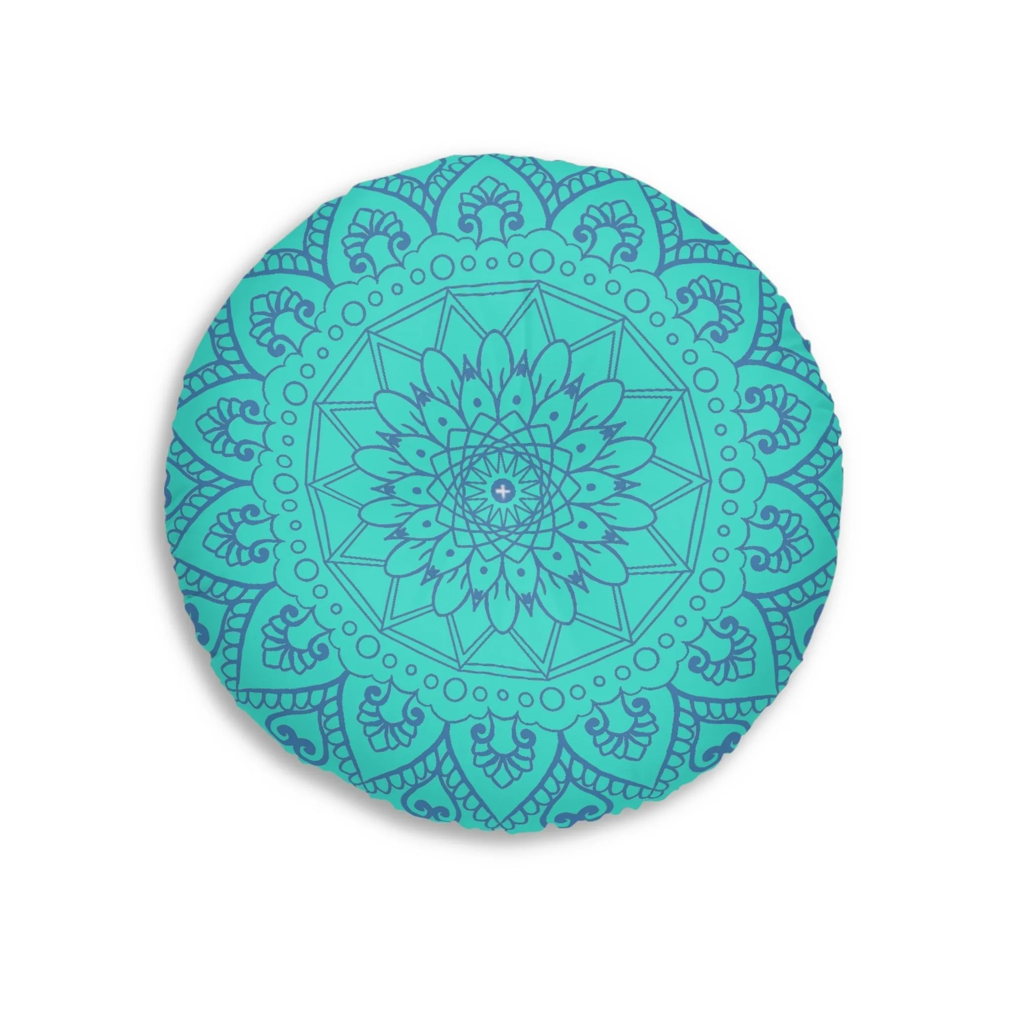 Handmade Mandala Art Floor Cushion - Steel Blue Mandala Art on Turquoise Background