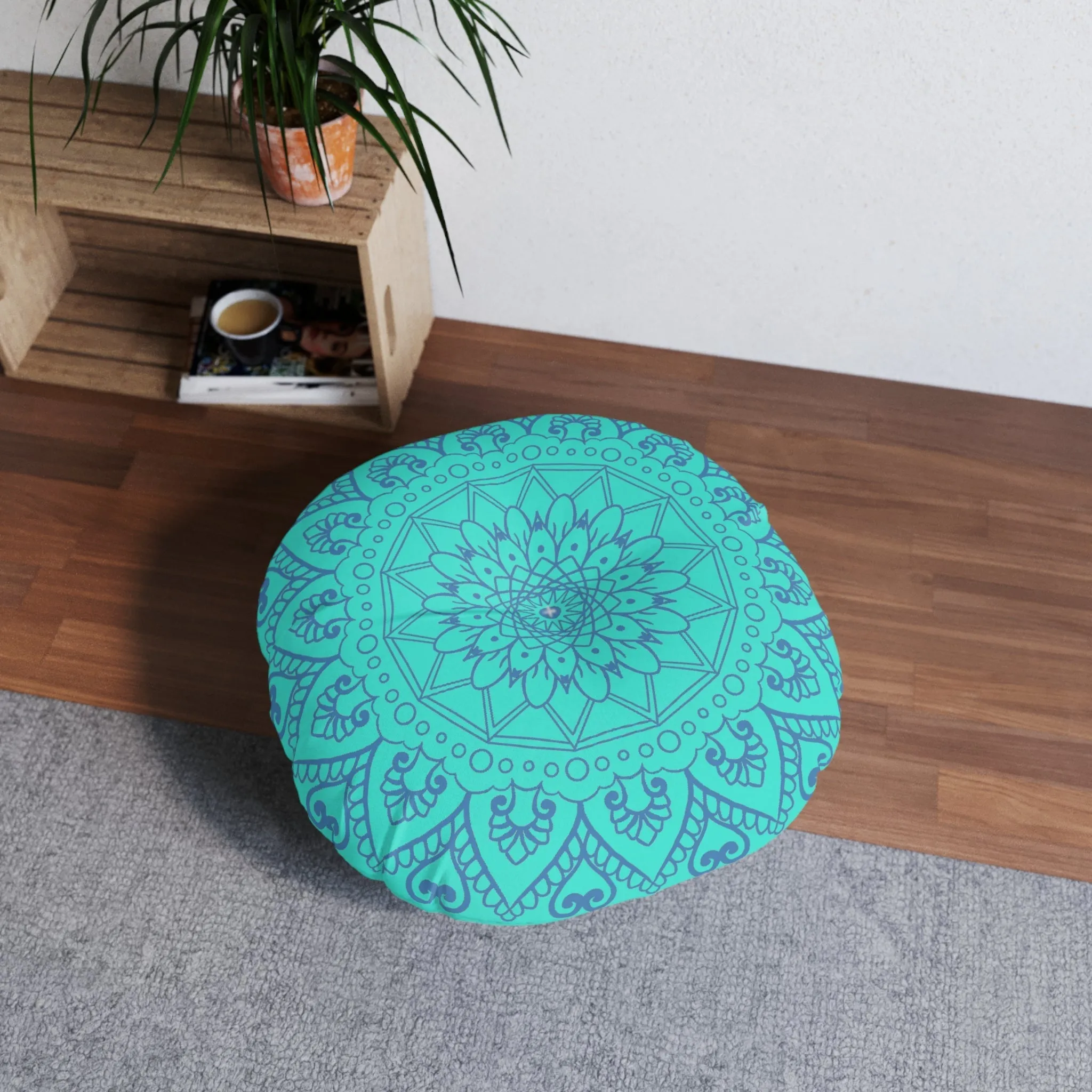Handmade Mandala Art Floor Cushion - Steel Blue Mandala Art on Turquoise Background