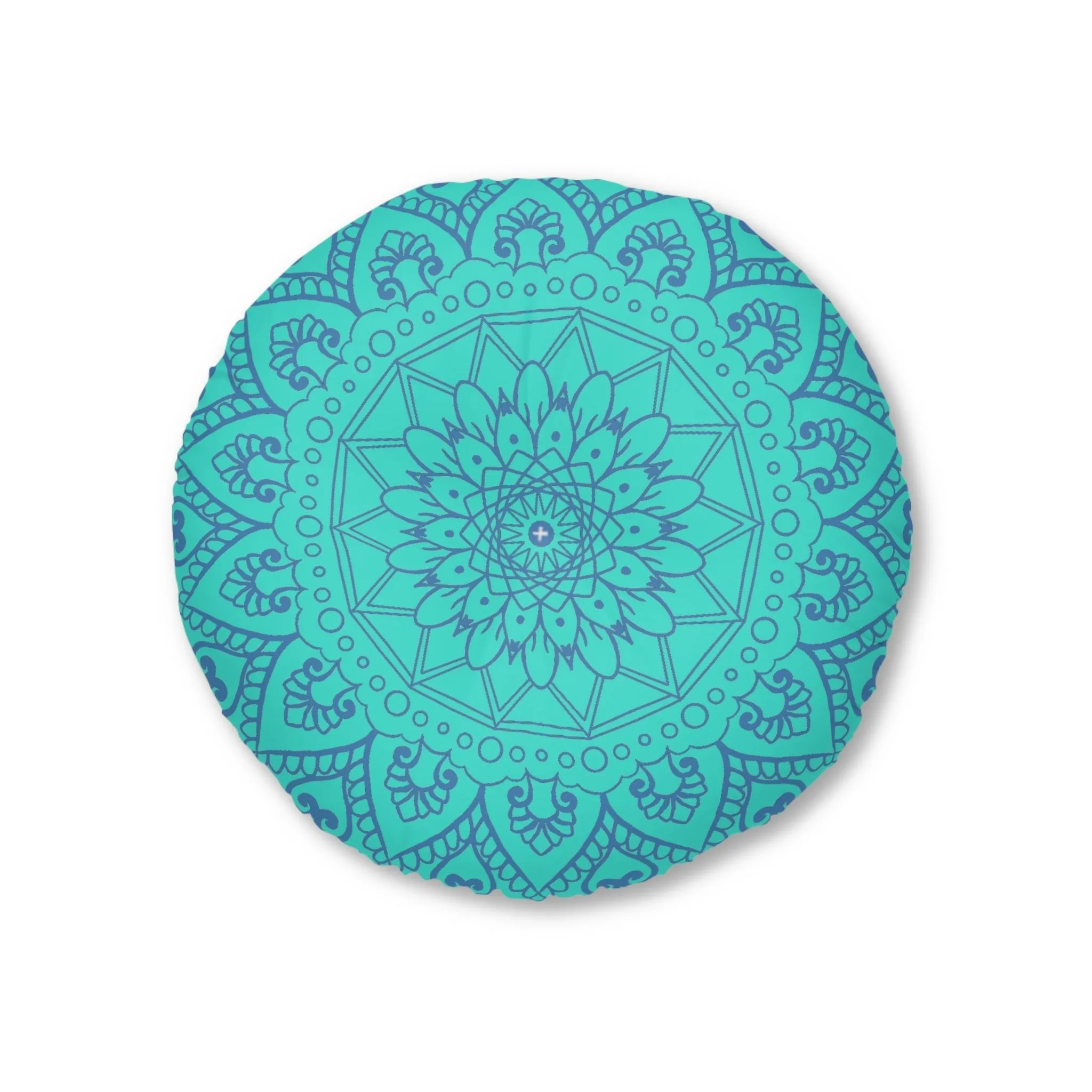 Handmade Mandala Art Floor Cushion - Steel Blue Mandala Art on Turquoise Background