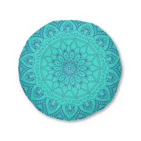 Handmade Mandala Art Floor Cushion - Steel Blue Mandala Art on Turquoise Background