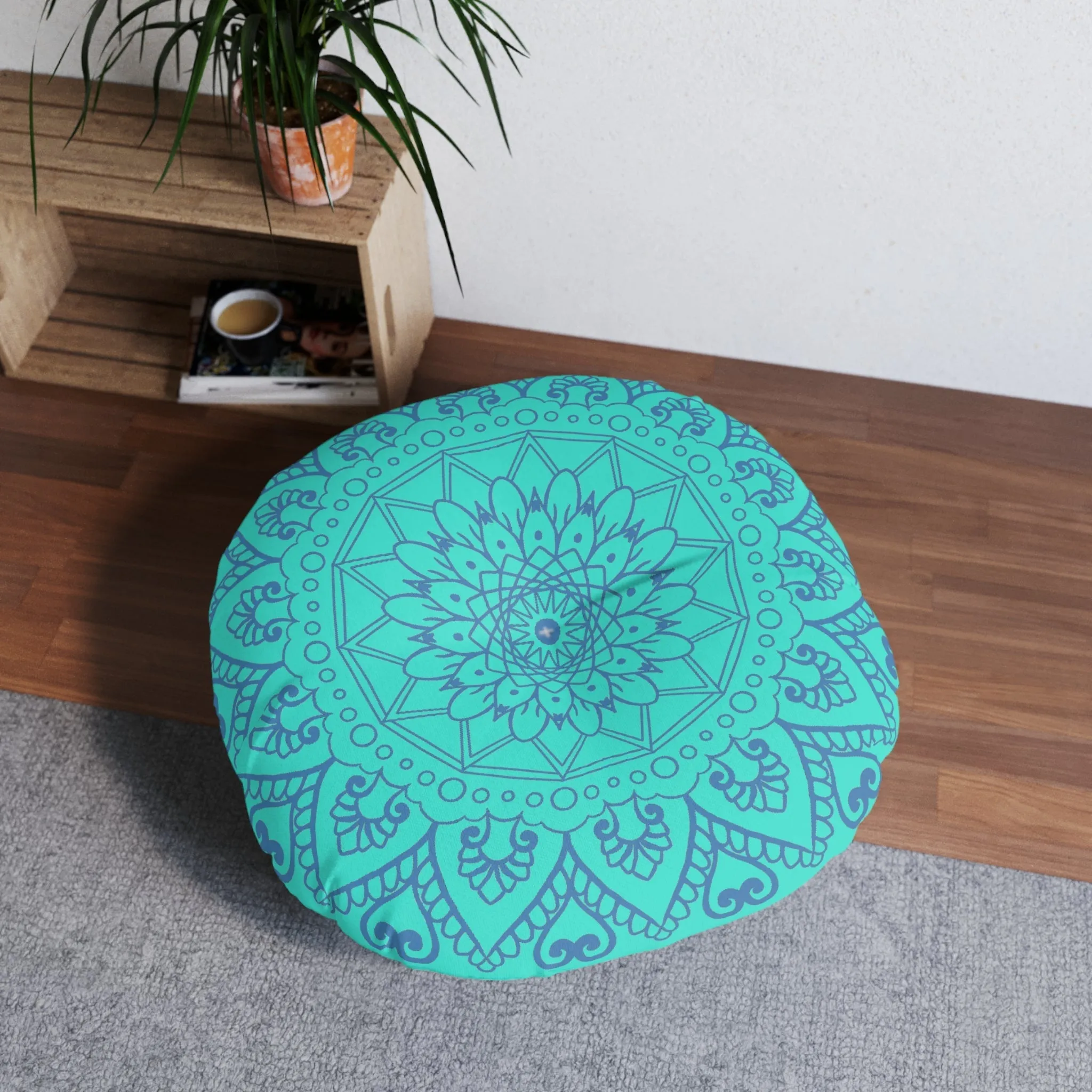 Handmade Mandala Art Floor Cushion - Steel Blue Mandala Art on Turquoise Background