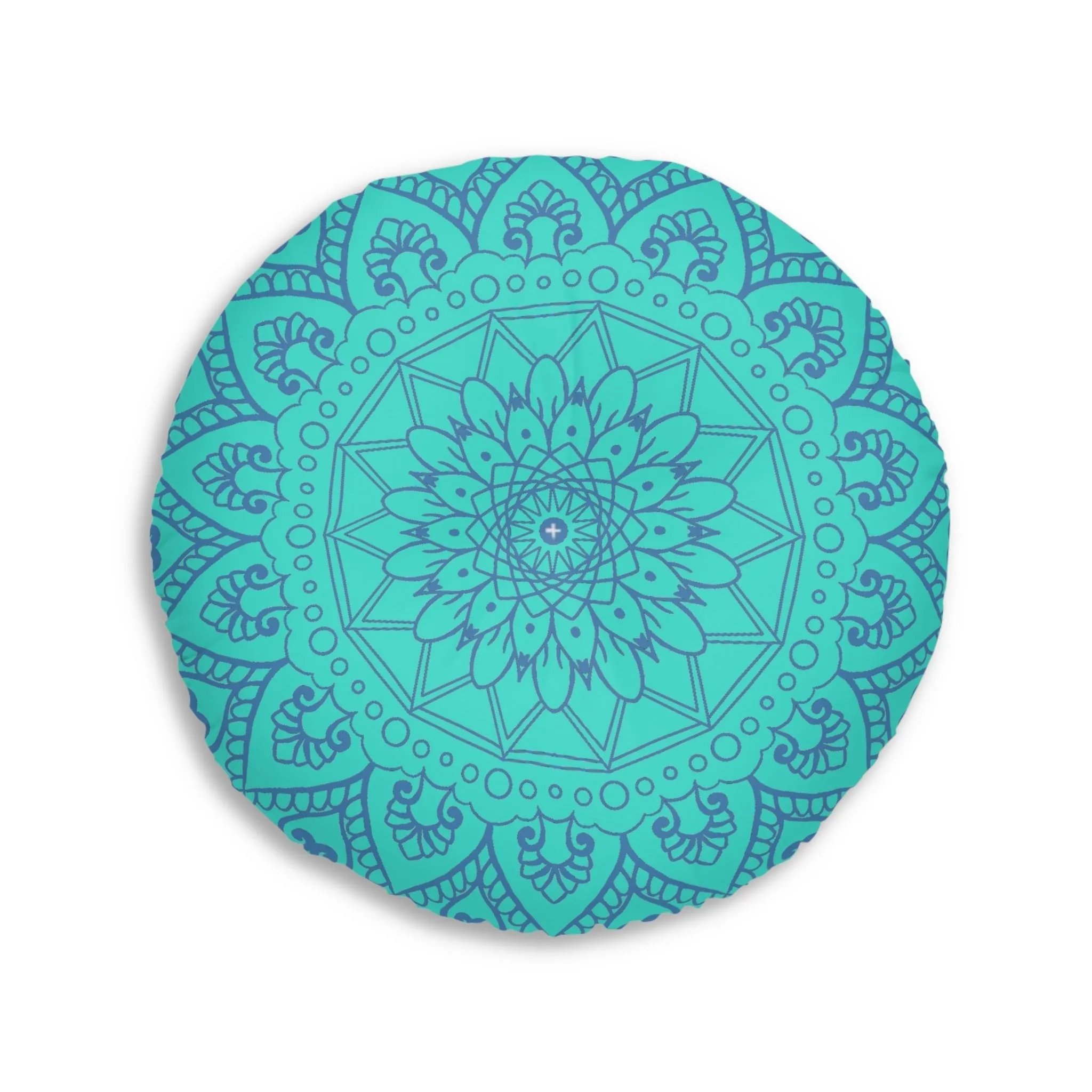 Handmade Mandala Art Floor Cushion - Steel Blue Mandala Art on Turquoise Background
