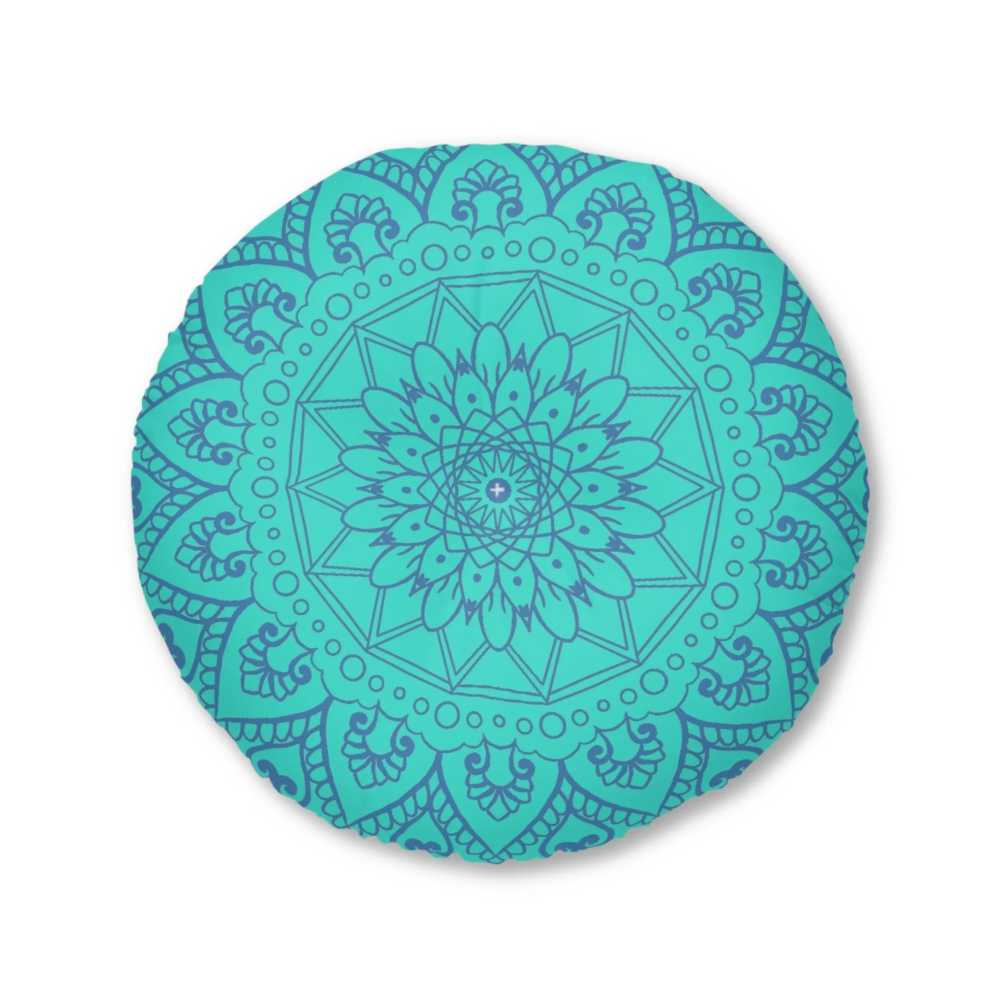 Handmade Mandala Art Floor Cushion - Steel Blue Mandala Art on Turquoise Background