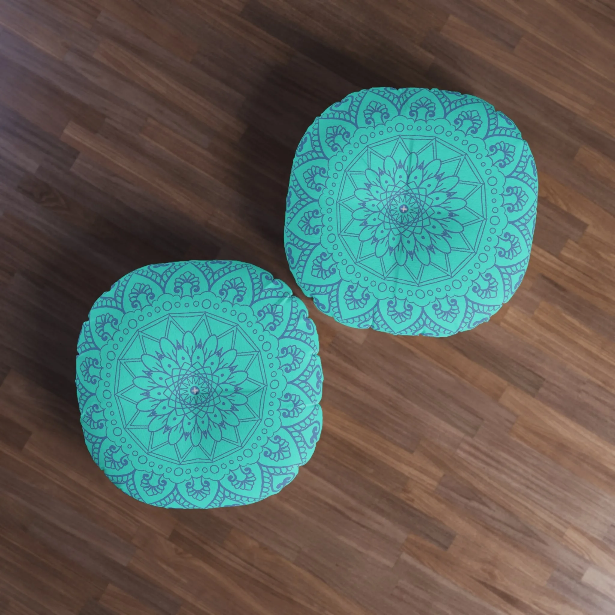 Handmade Mandala Art Floor Cushion - Steel Blue Mandala Art on Turquoise Background