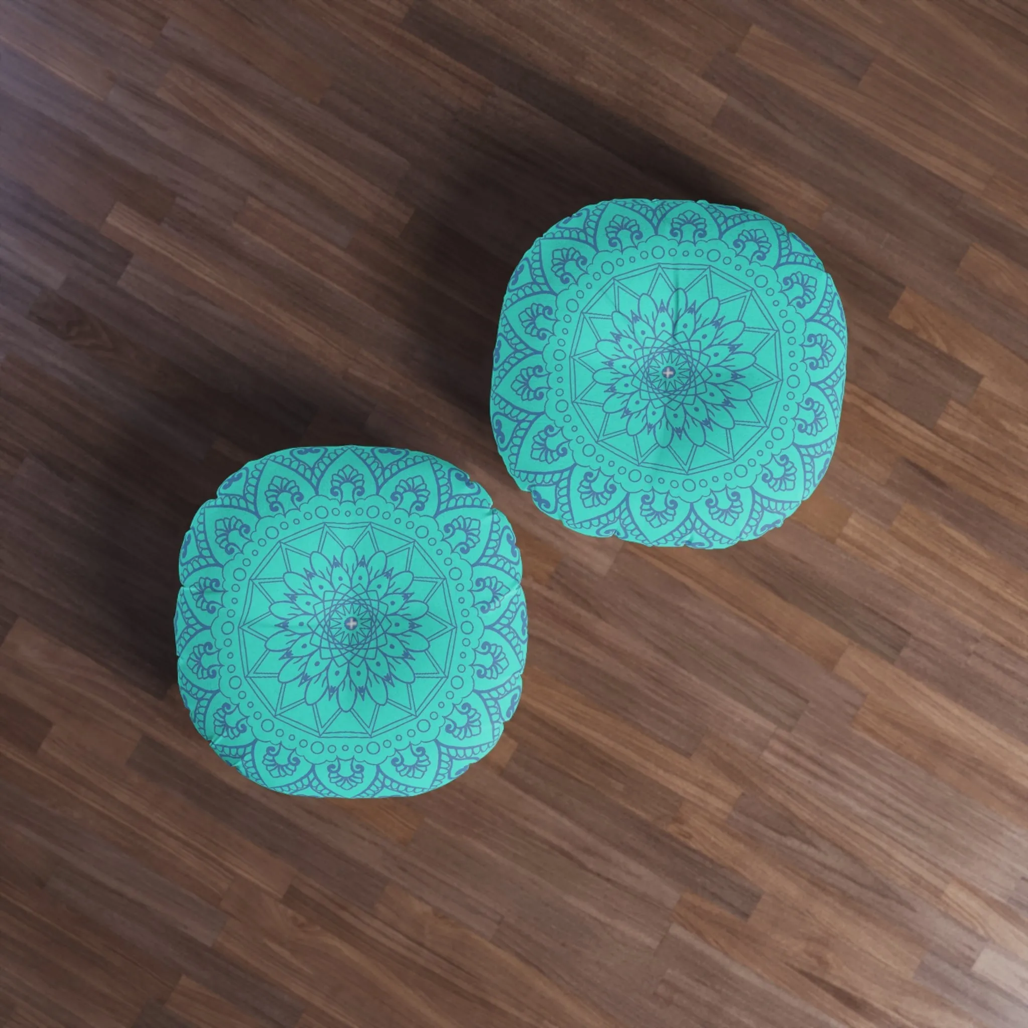 Handmade Mandala Art Floor Cushion - Steel Blue Mandala Art on Turquoise Background