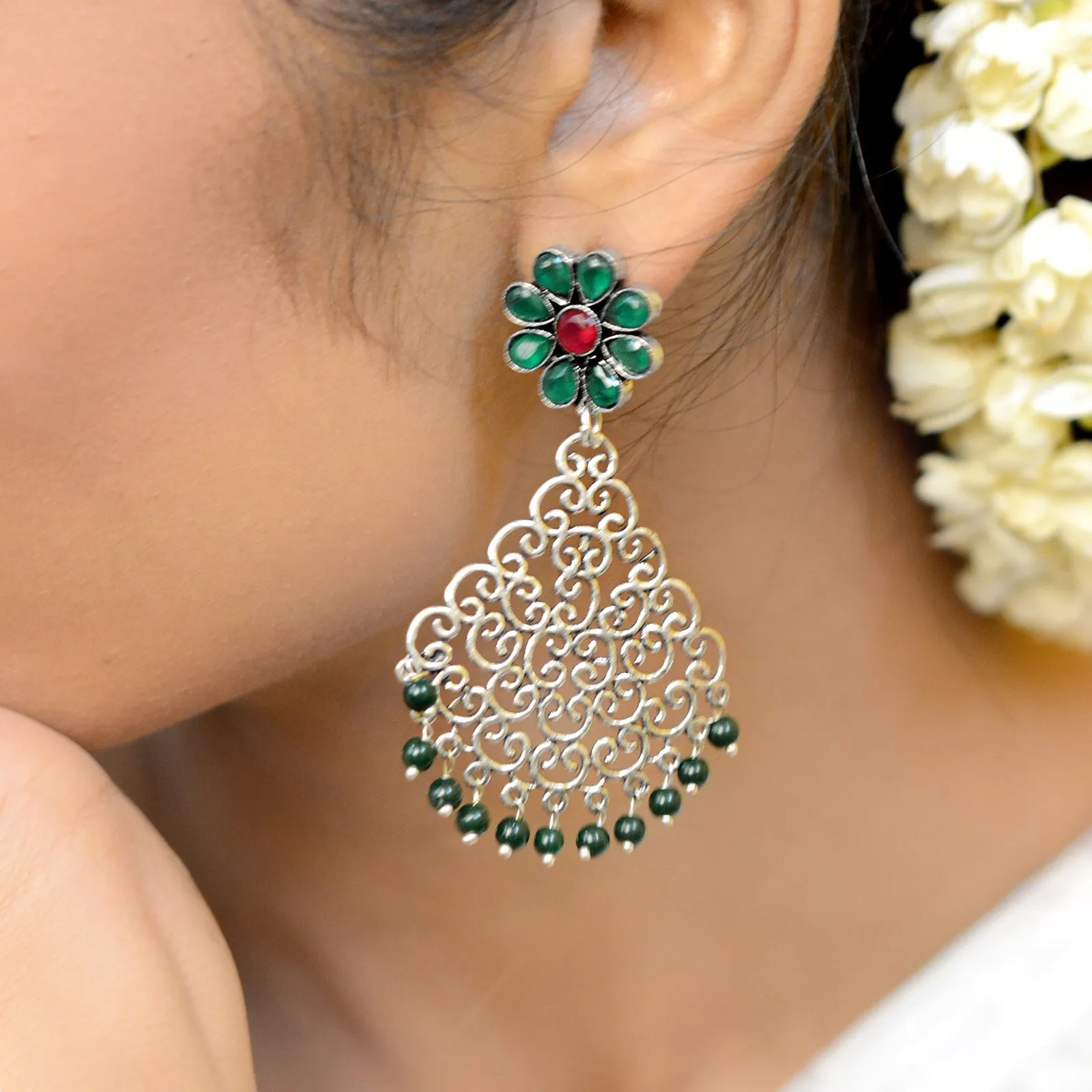 Jali Green Filigree Pearl Earrings