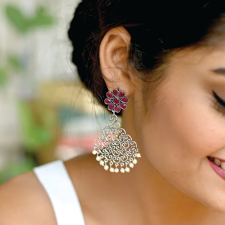 Jali Red Filigree Pearl Earrings