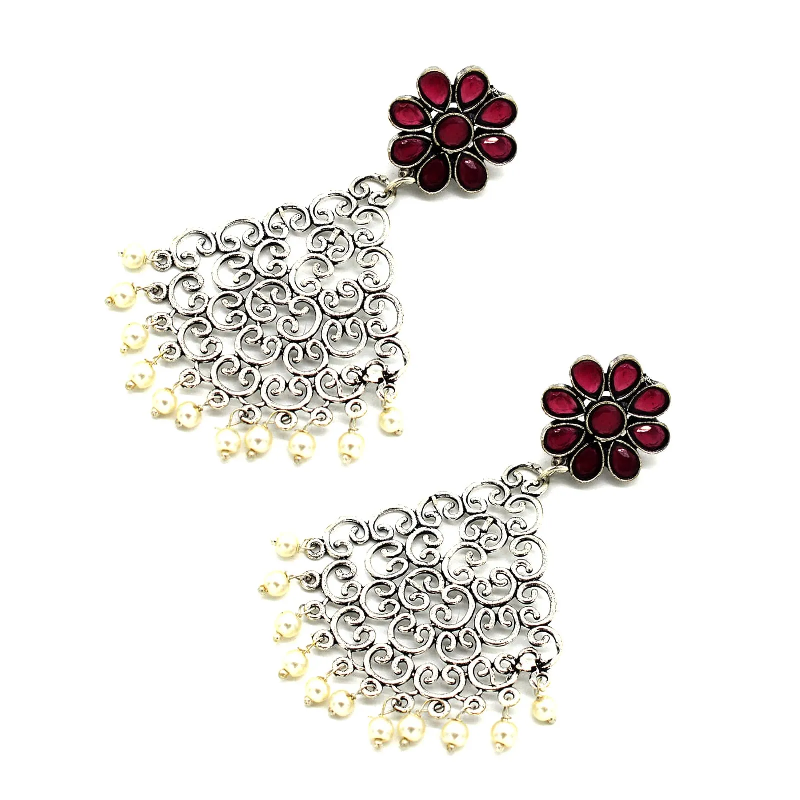 Jali Red Filigree Pearl Earrings