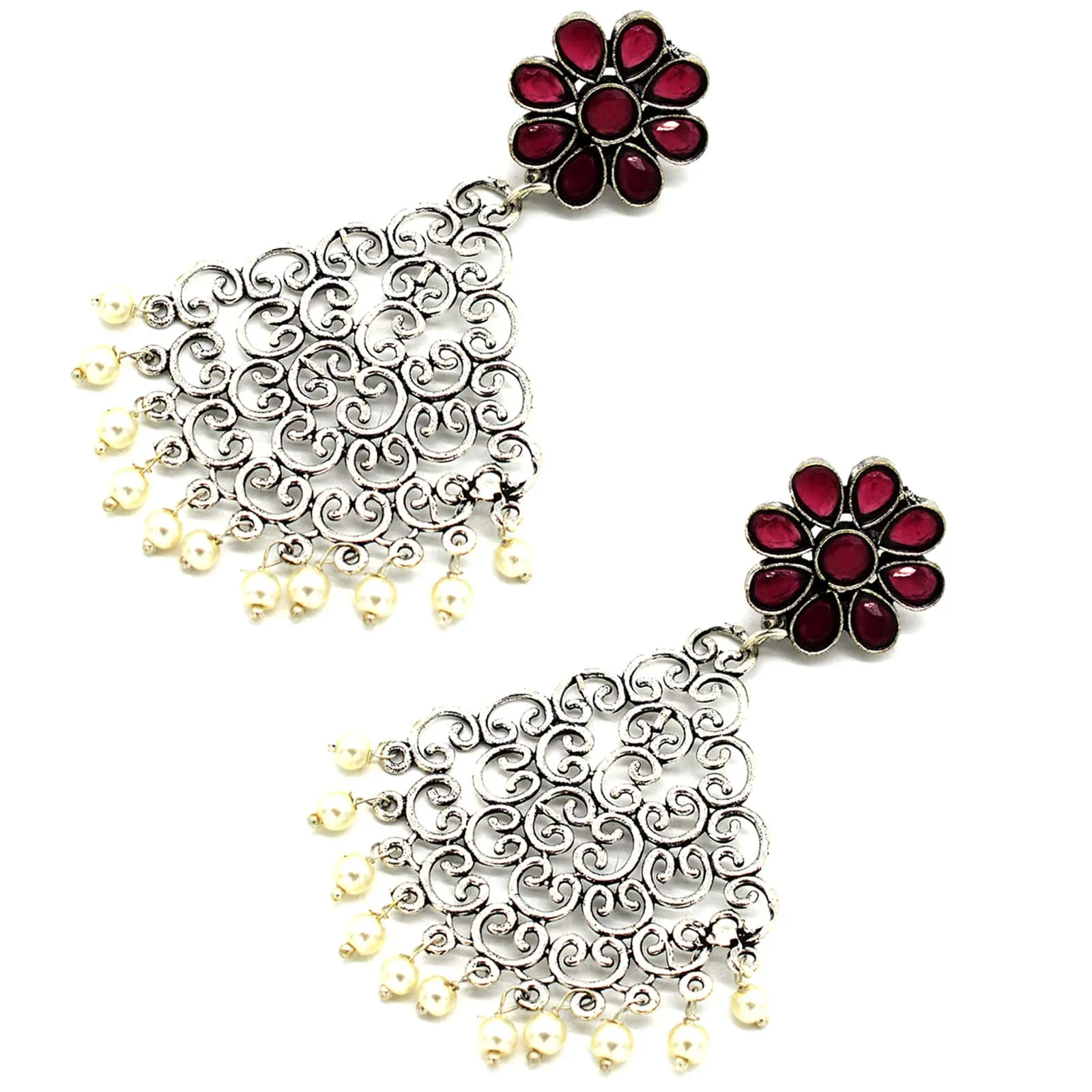 Jali Red Filigree Pearl Earrings