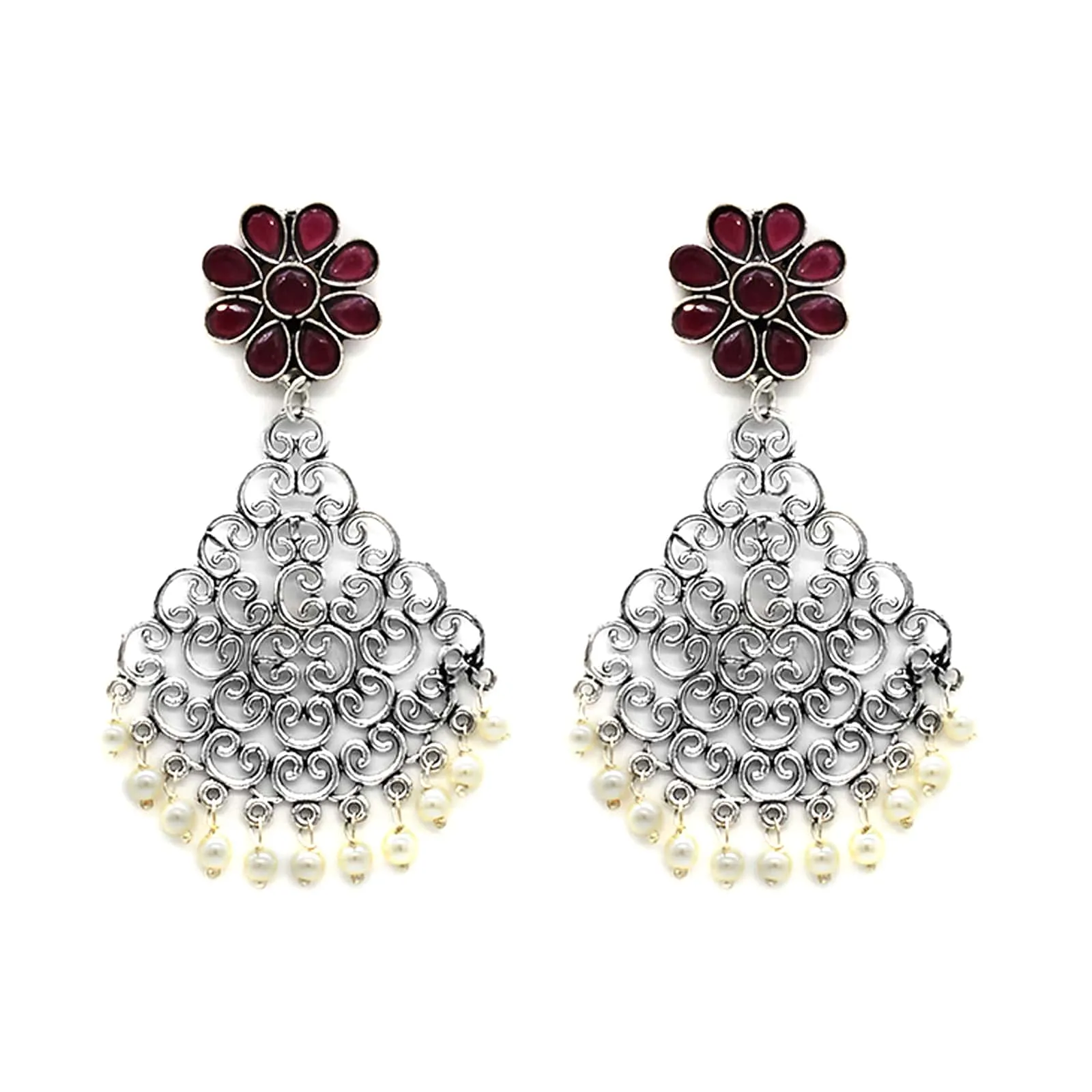 Jali Red Filigree Pearl Earrings