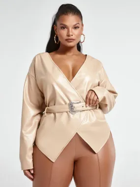 Karine Faux Leather Belted Wrap Jacket