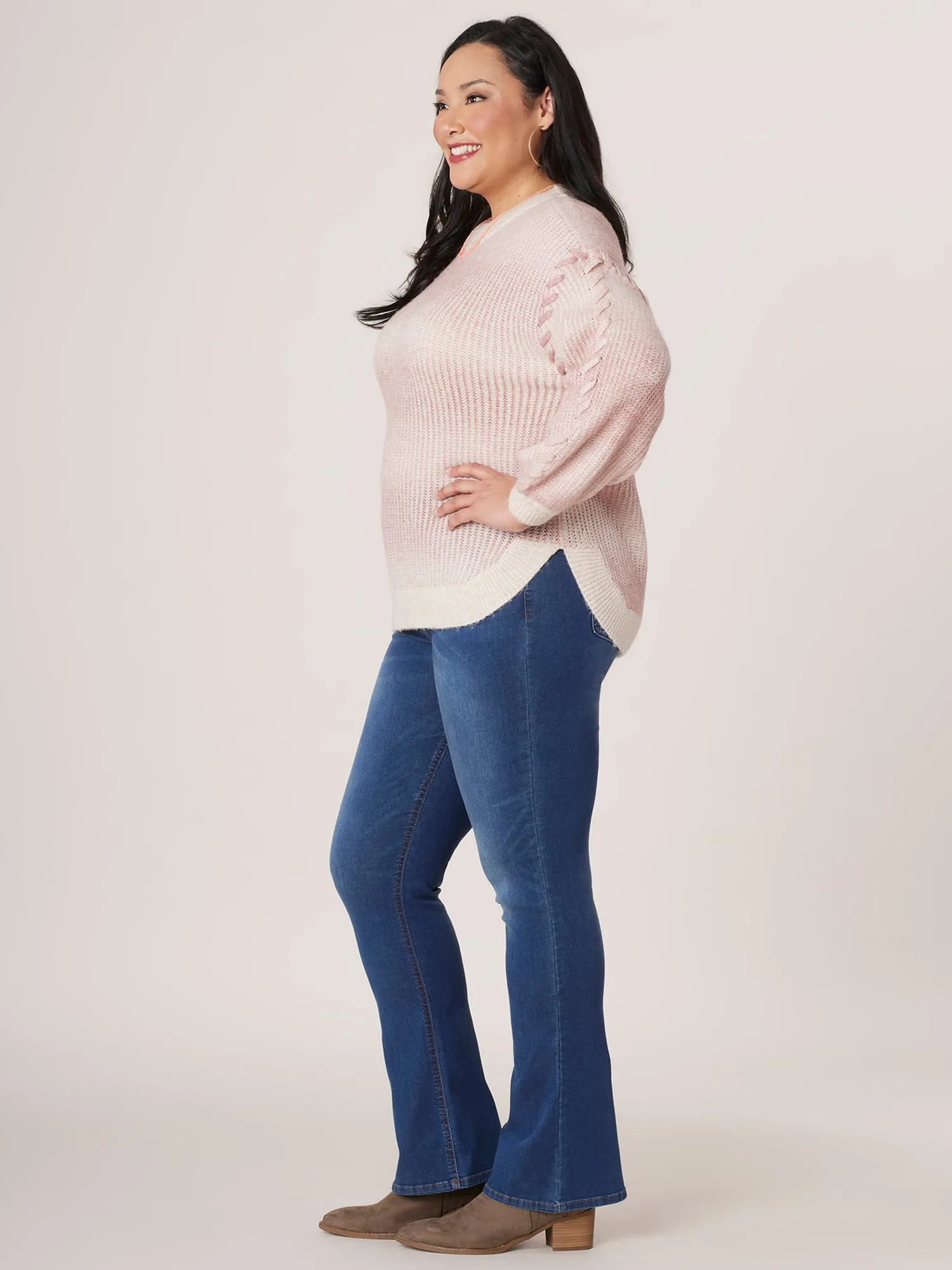 Long Sleeve Mock Neck Striped Whipstitch Detail Plus Size Sweater
