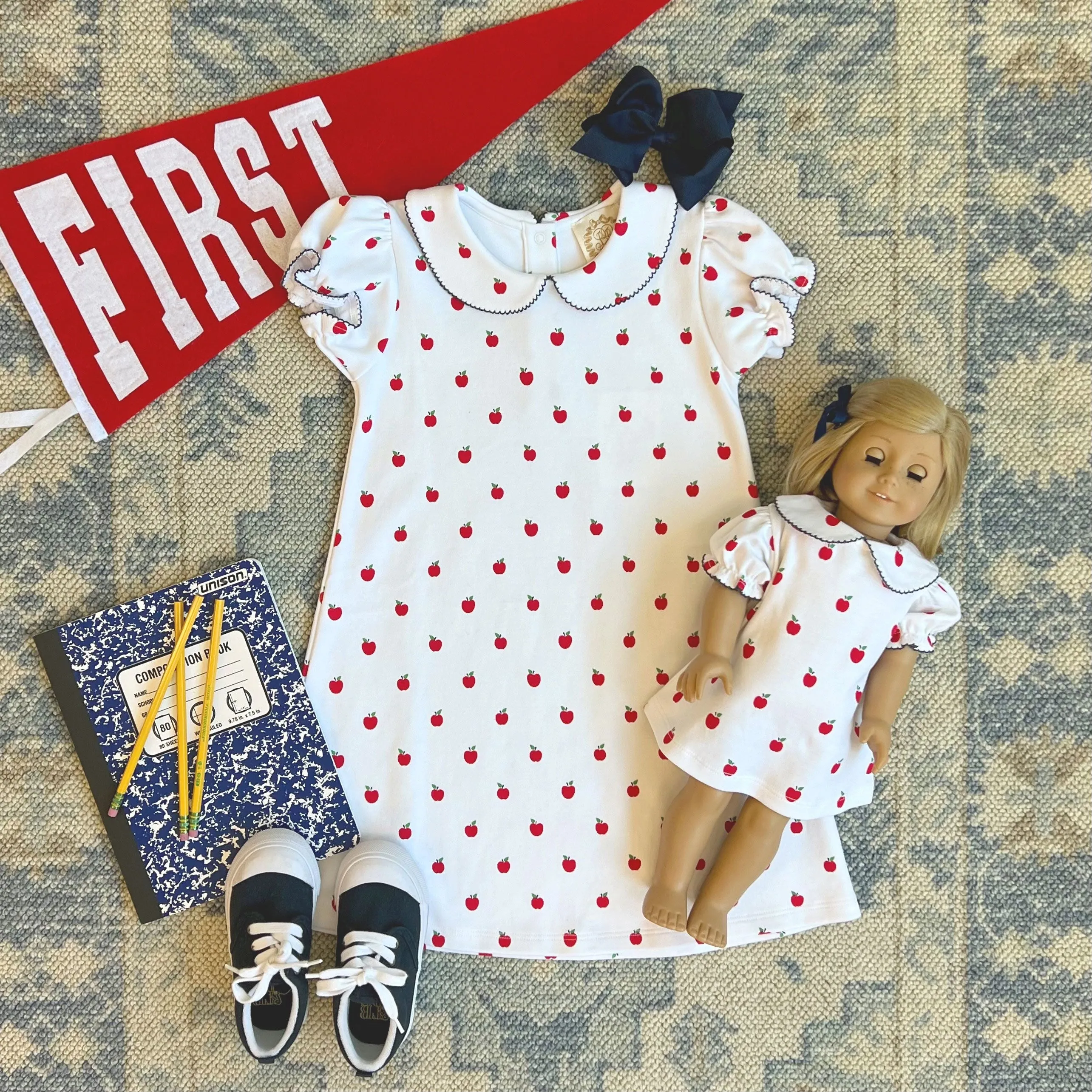 Maude's Peter Pan Collar Dress - Egerton Apples with Nantucket Navy