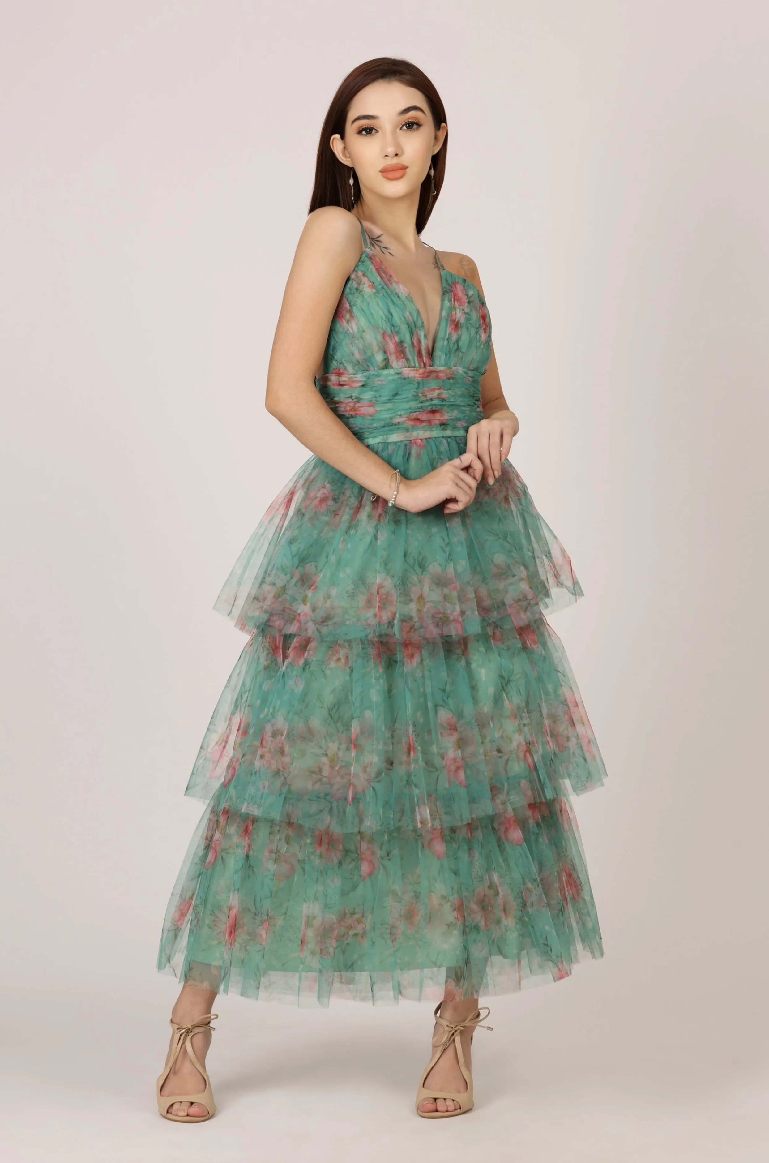 Odette Midi Dress in Green Floral