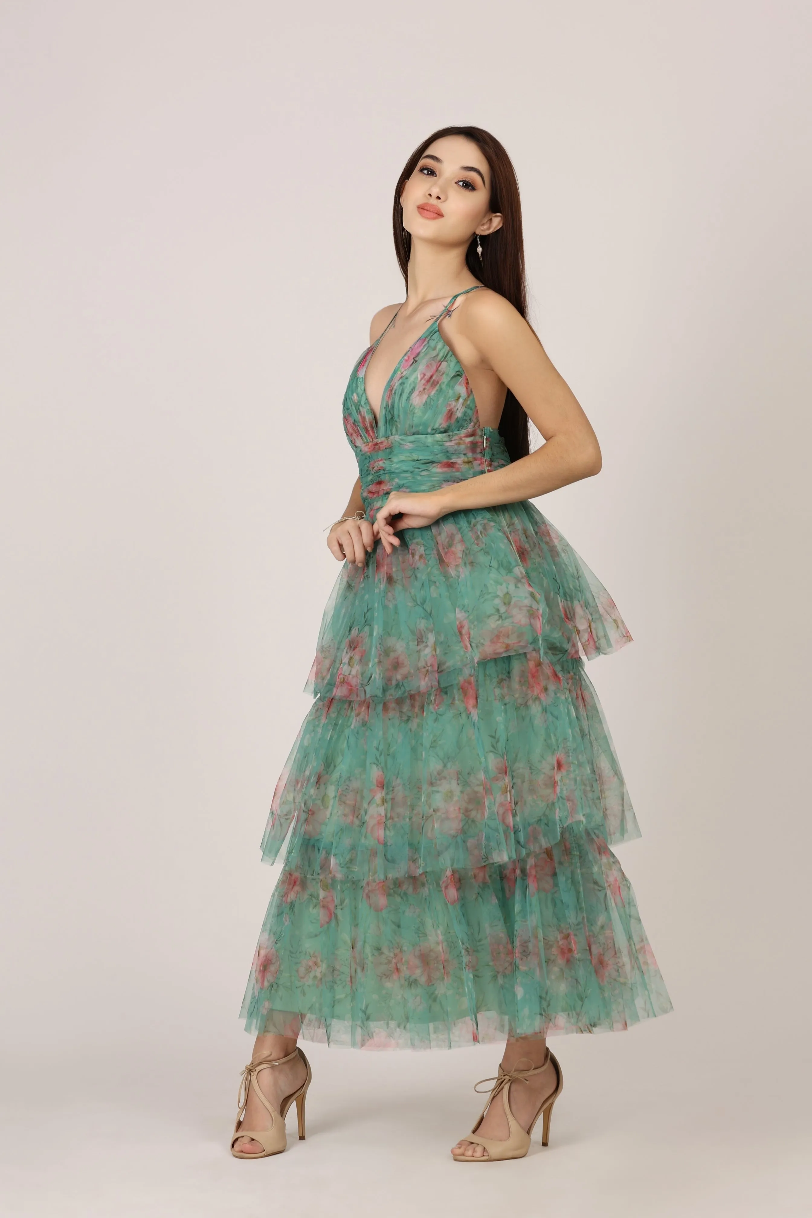 Odette Midi Dress in Green Floral