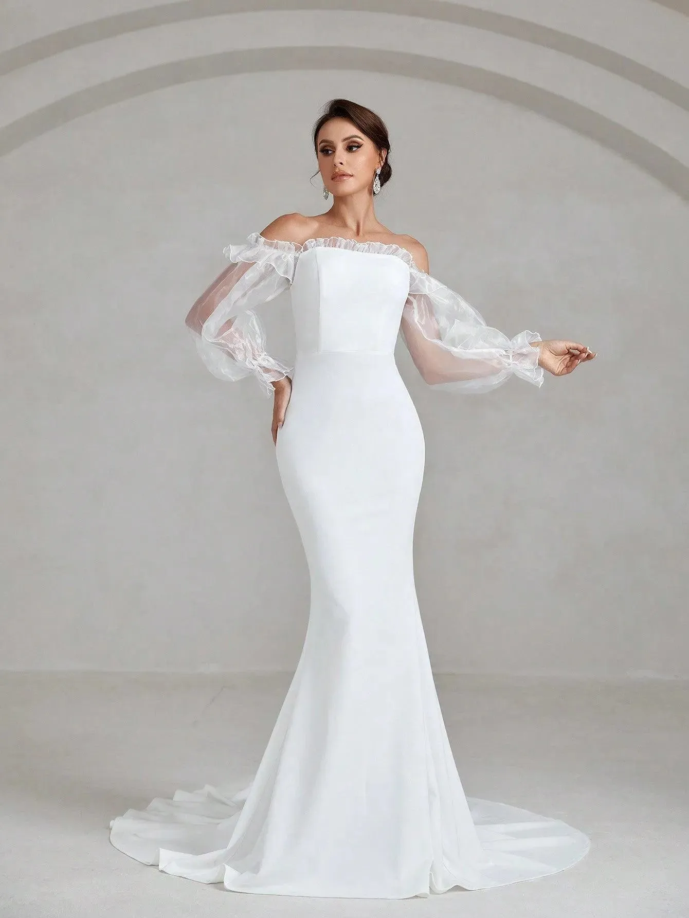 Off Shoulder Flounce Sleeve Maxi Mermaid Hem Wedding Dress