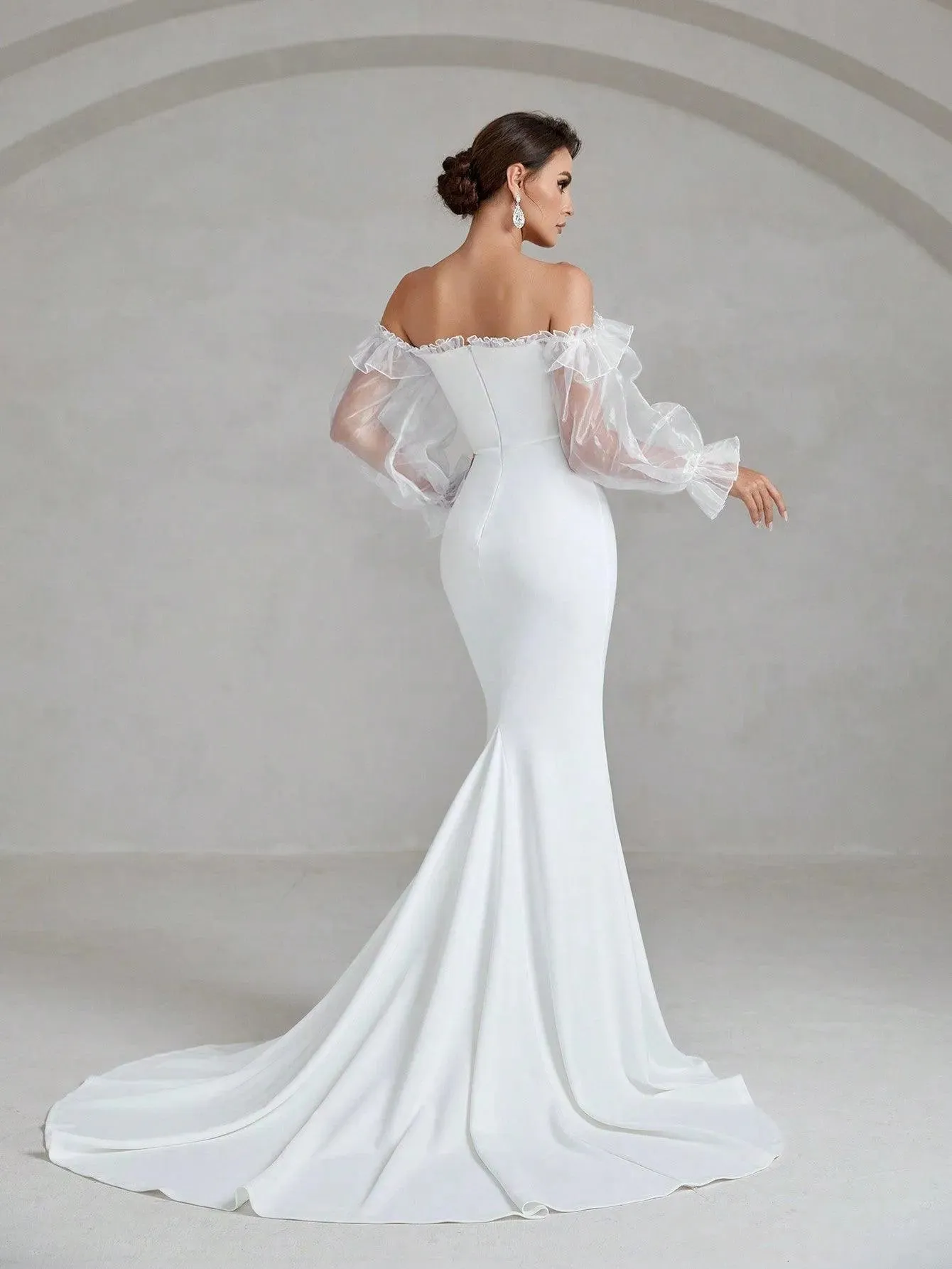Off Shoulder Flounce Sleeve Maxi Mermaid Hem Wedding Dress