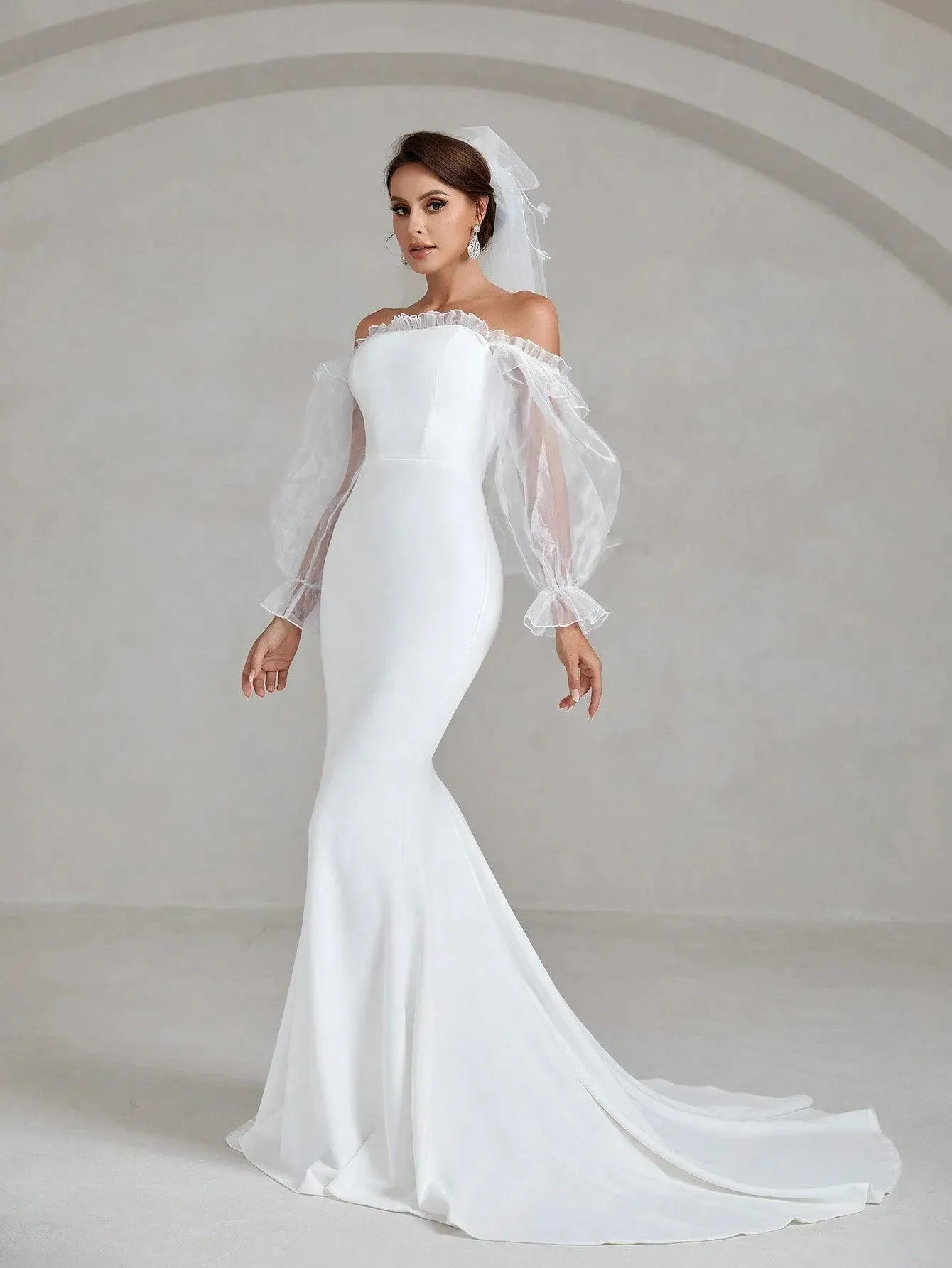 Off Shoulder Flounce Sleeve Maxi Mermaid Hem Wedding Dress